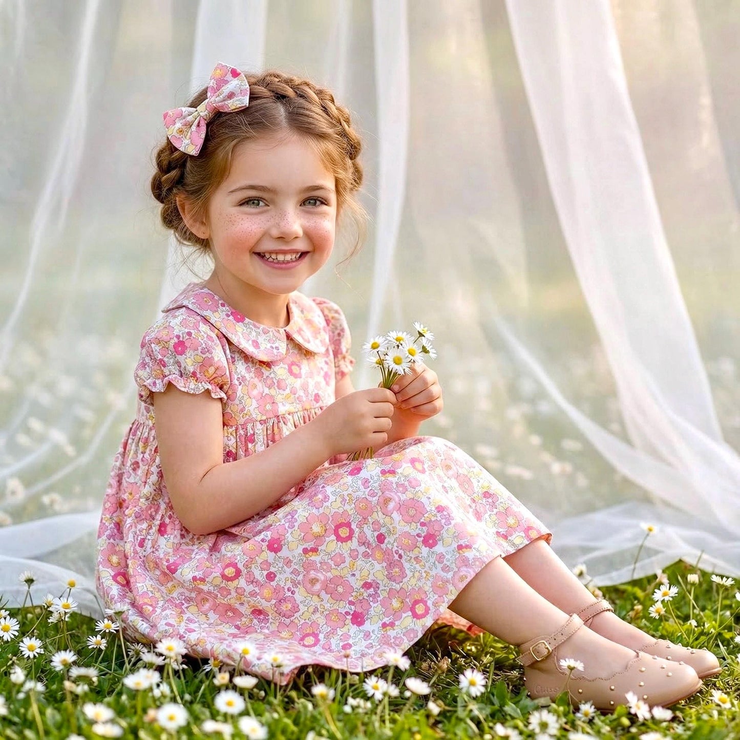 Long Sleeve Liberty London Girl's Dress: Ruffle Collar, Ditsy Floral Cotton