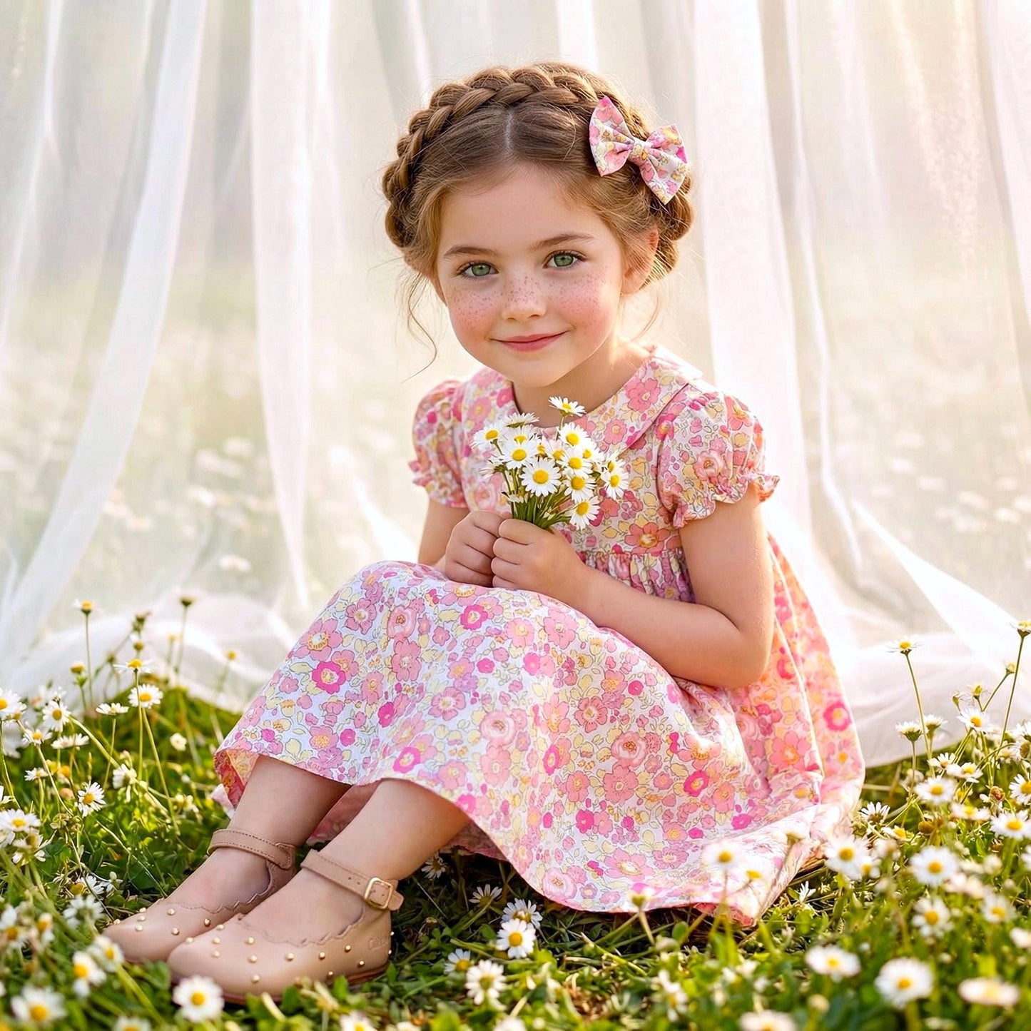 Long Sleeve Liberty London Girl's Dress: Ruffle Collar, Ditsy Floral Cotton