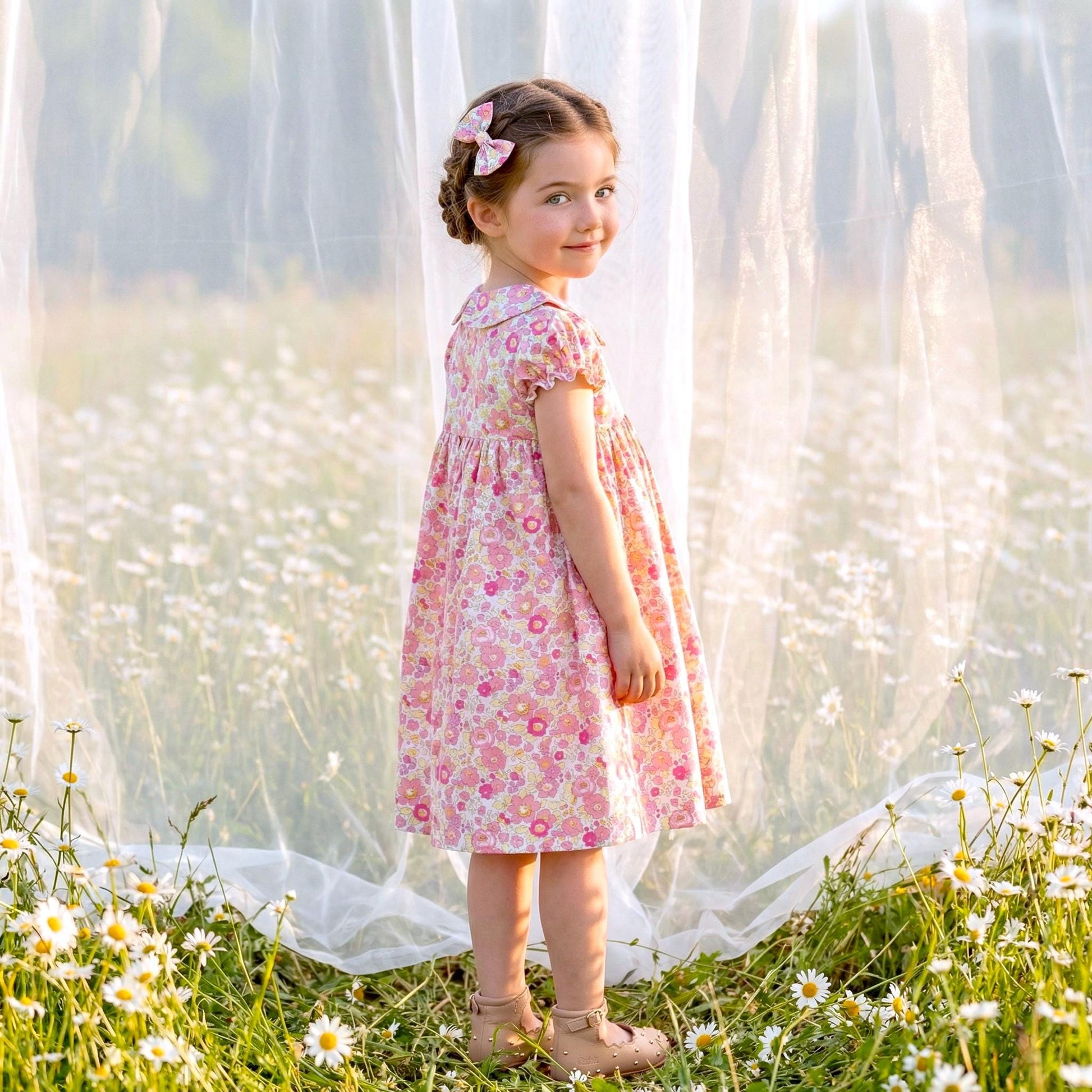 Long Sleeve Liberty London Girl's Dress: Ruffle Collar, Ditsy Floral Cotton