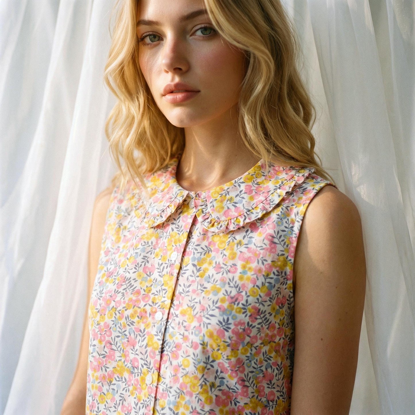 Liberty London Sleeveless Frilled Peter-Pan Collared Button-up Blouse, Tailoring Handmade Clothing, Sustainable Botanical Womenswear