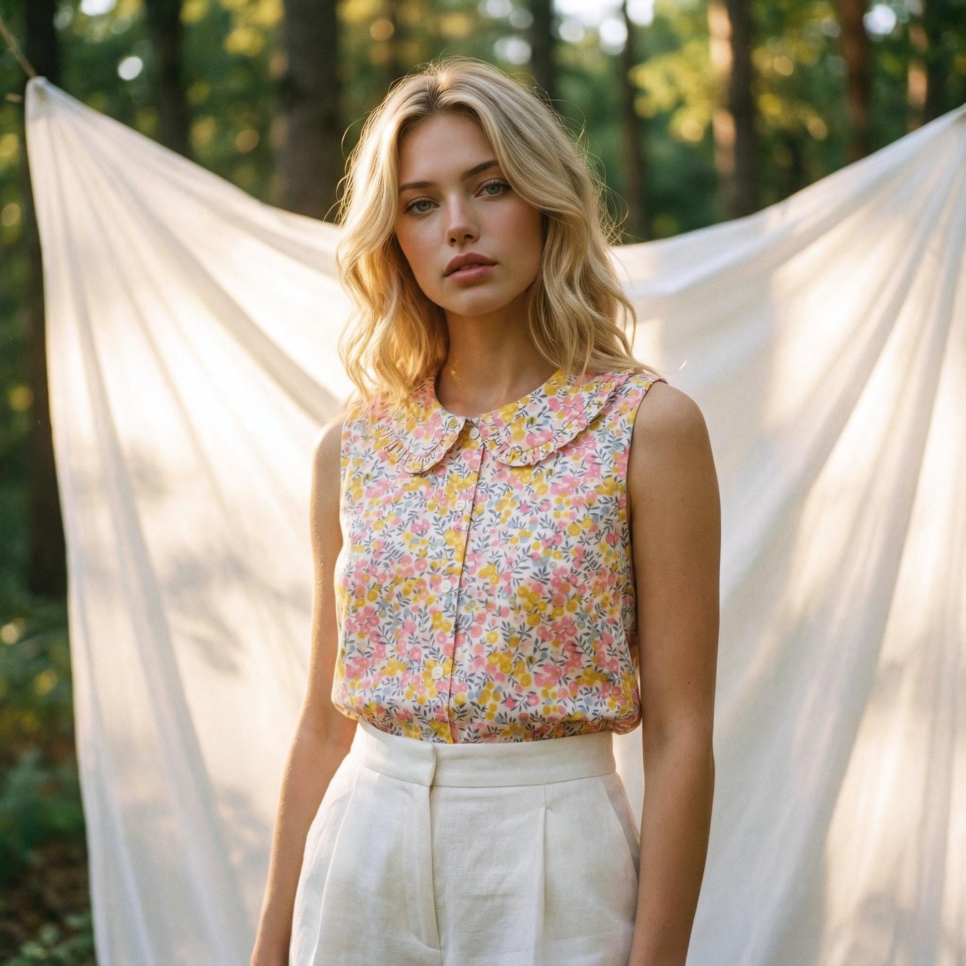 Liberty London Sleeveless Frilled Peter-Pan Collared Button-up Blouse, Tailoring Handmade Clothing, Sustainable Botanical Womenswear