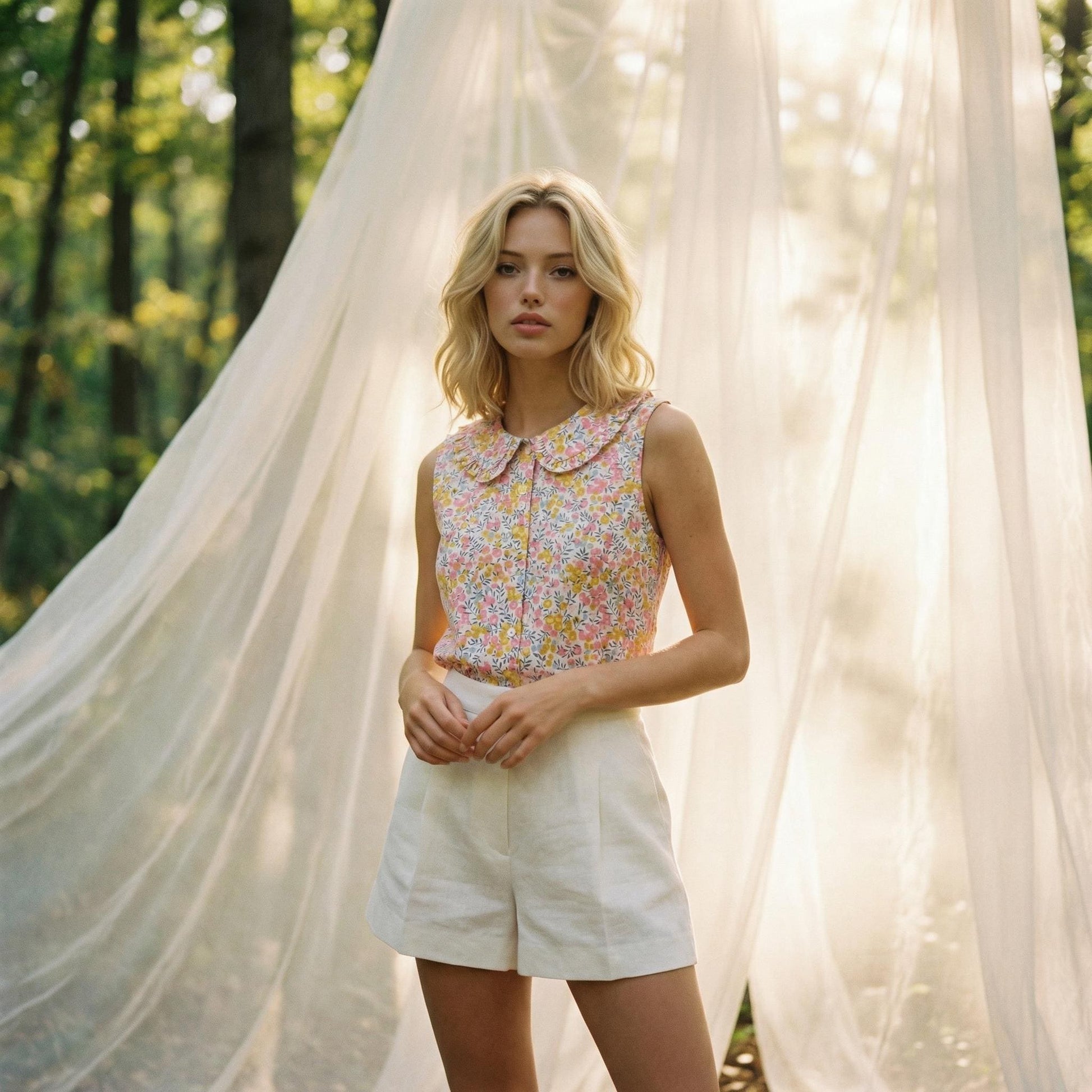 Liberty London Sleeveless Frilled Peter-Pan Collared Button-up Blouse, Tailoring Handmade Clothing, Sustainable Botanical Womenswear