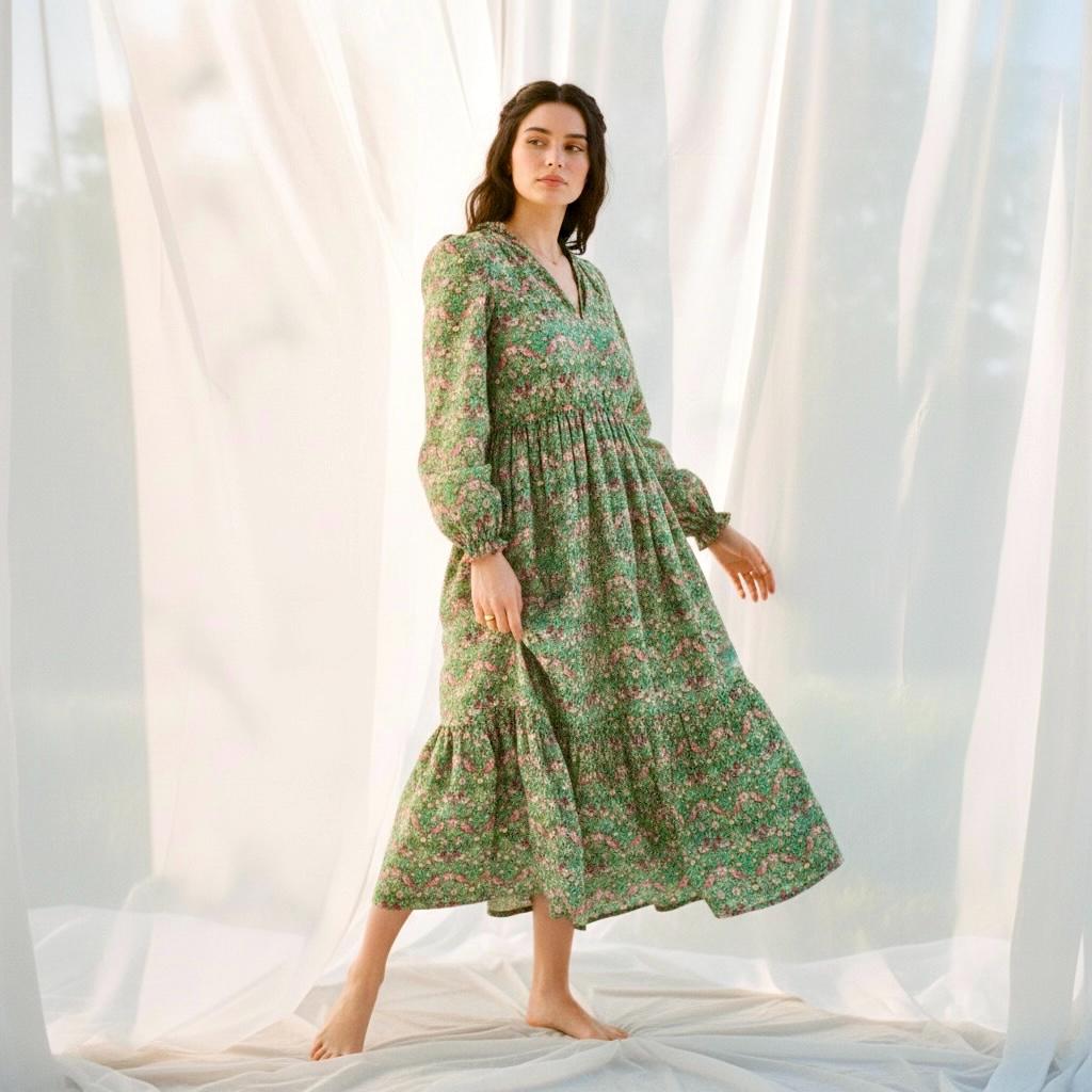 Renaissance Liberty Print Smock Dress: Botanical Ditsy Floral, Long Sleeve Midi Dress, Square Neck