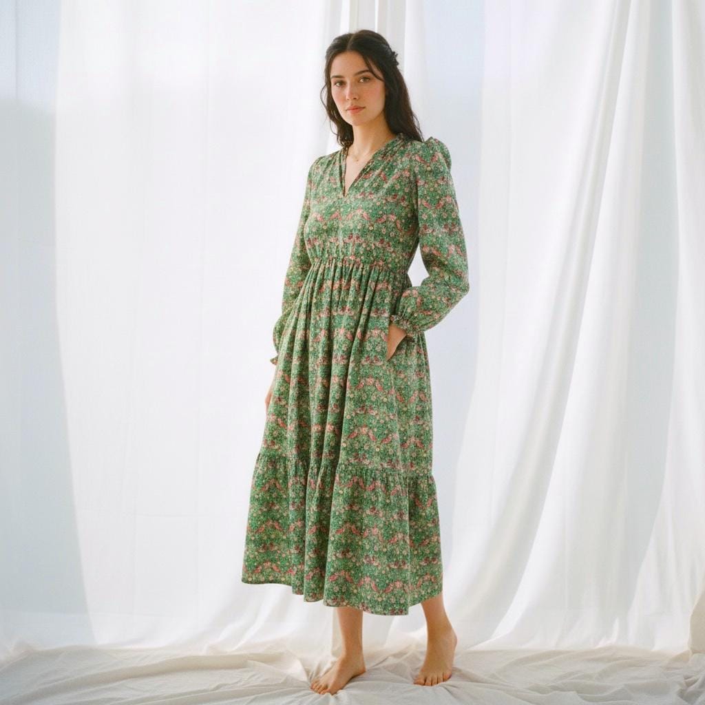 Renaissance Liberty Print Smock Dress: Botanical Ditsy Floral, Long Sleeve Midi Dress, Square Neck