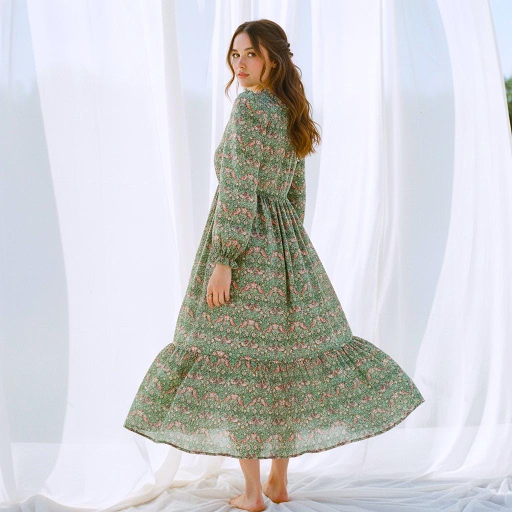 Renaissance Liberty Print Smock Dress: Botanical Ditsy Floral, Long Sleeve Midi Dress, Square Neck