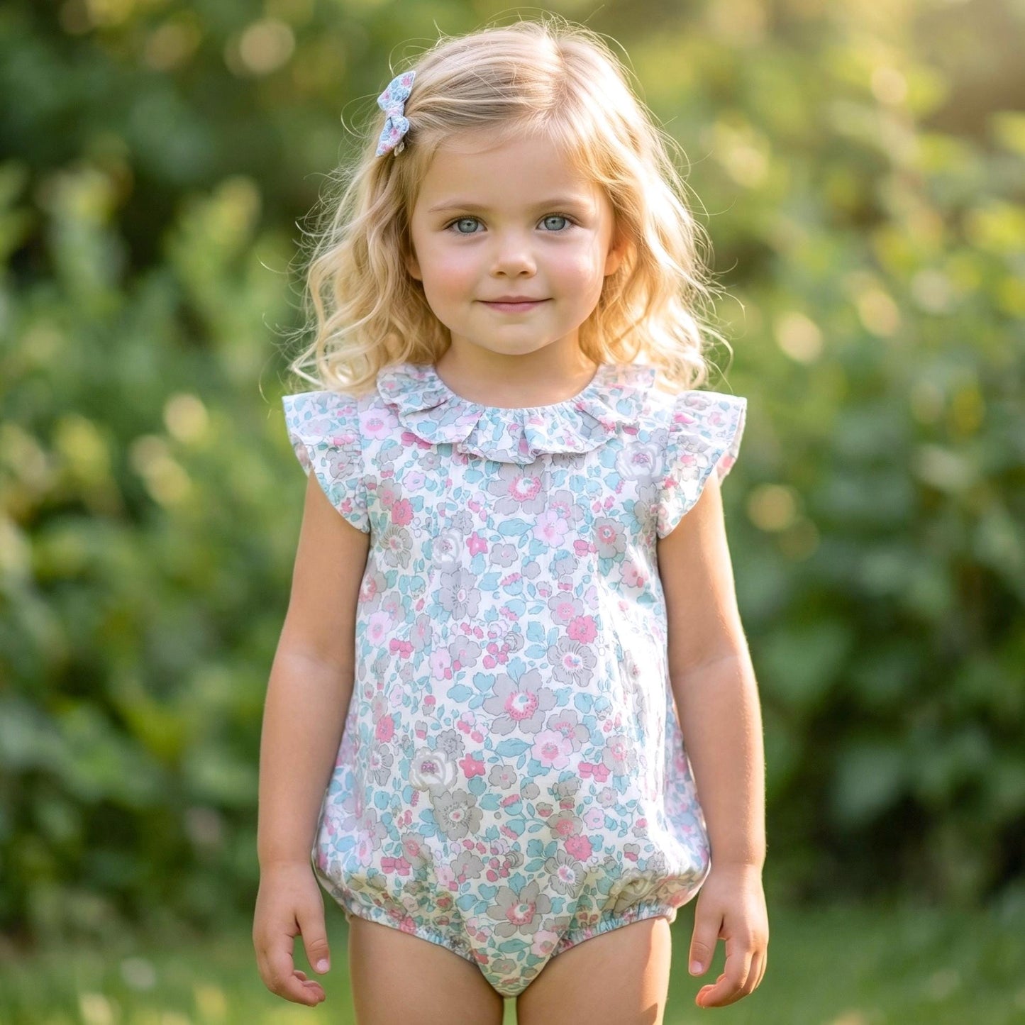 Liberty London Floral-Print Sleeveless Bubble Romper, Pierrot Collar Children-wear, Handmade Sustainable eco-friendly Floral-print Clothing