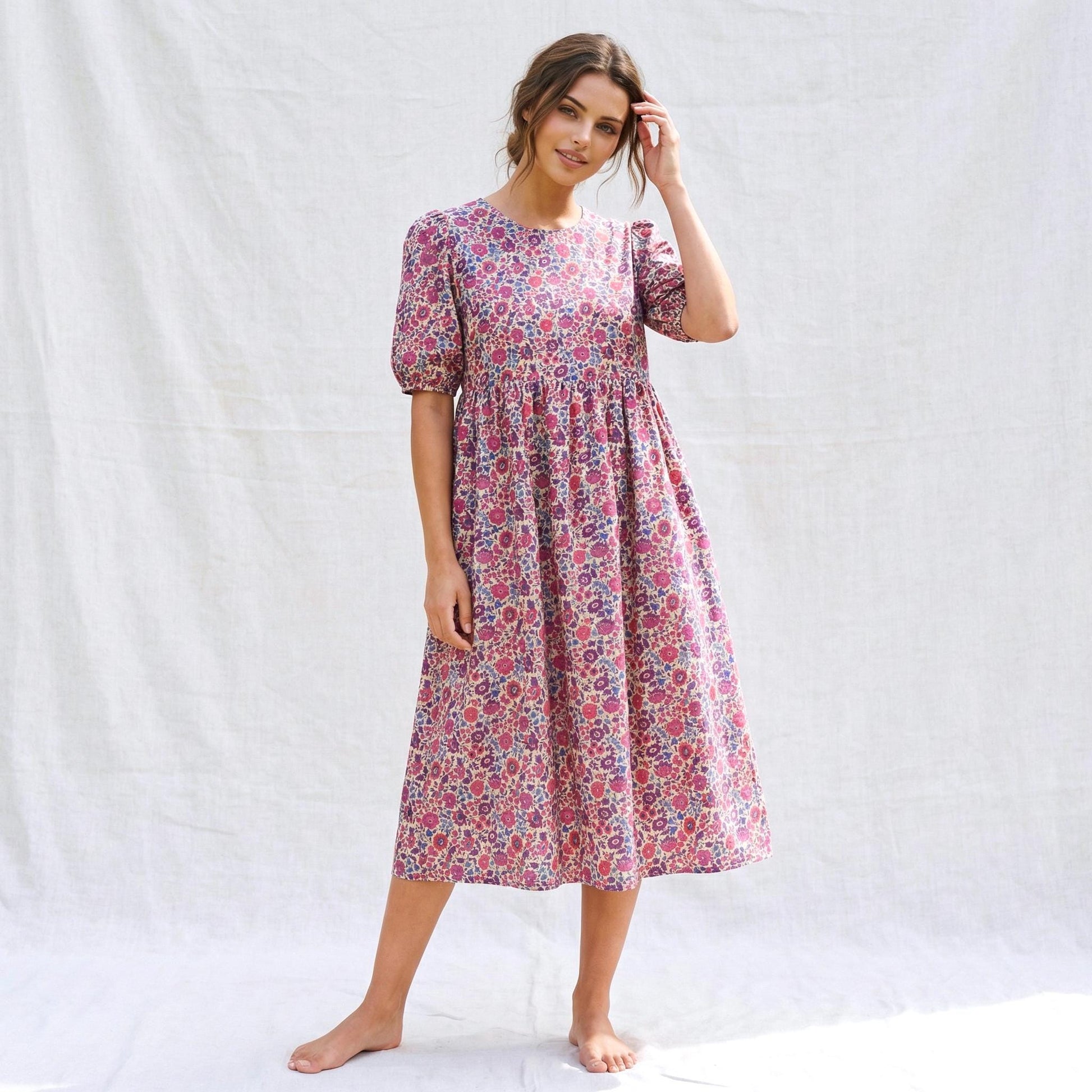 Liberty London Floral-Print Botanical Smock Short-sleeved Midi Dress, Handmade Sustainable Womenswear, Eco-friendly Clothing