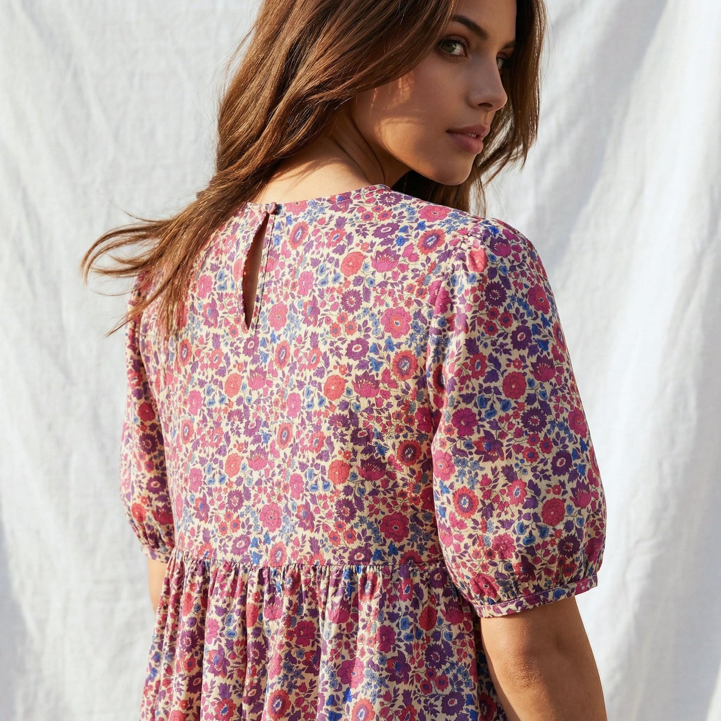 Liberty London Floral-Print Botanical Smock Short-sleeved Midi Dress, Handmade Sustainable Womenswear, Eco-friendly Clothing