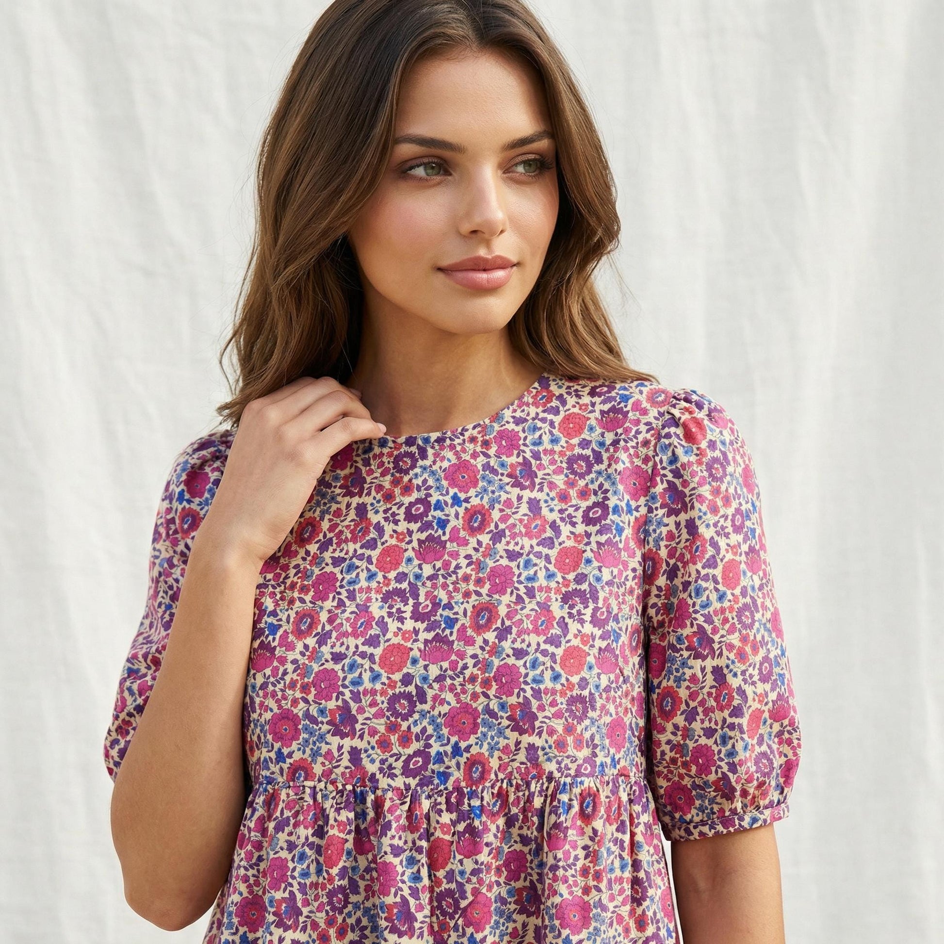 Liberty London Floral-Print Botanical Smock Short-sleeved Midi Dress, Handmade Sustainable Womenswear, Eco-friendly Clothing