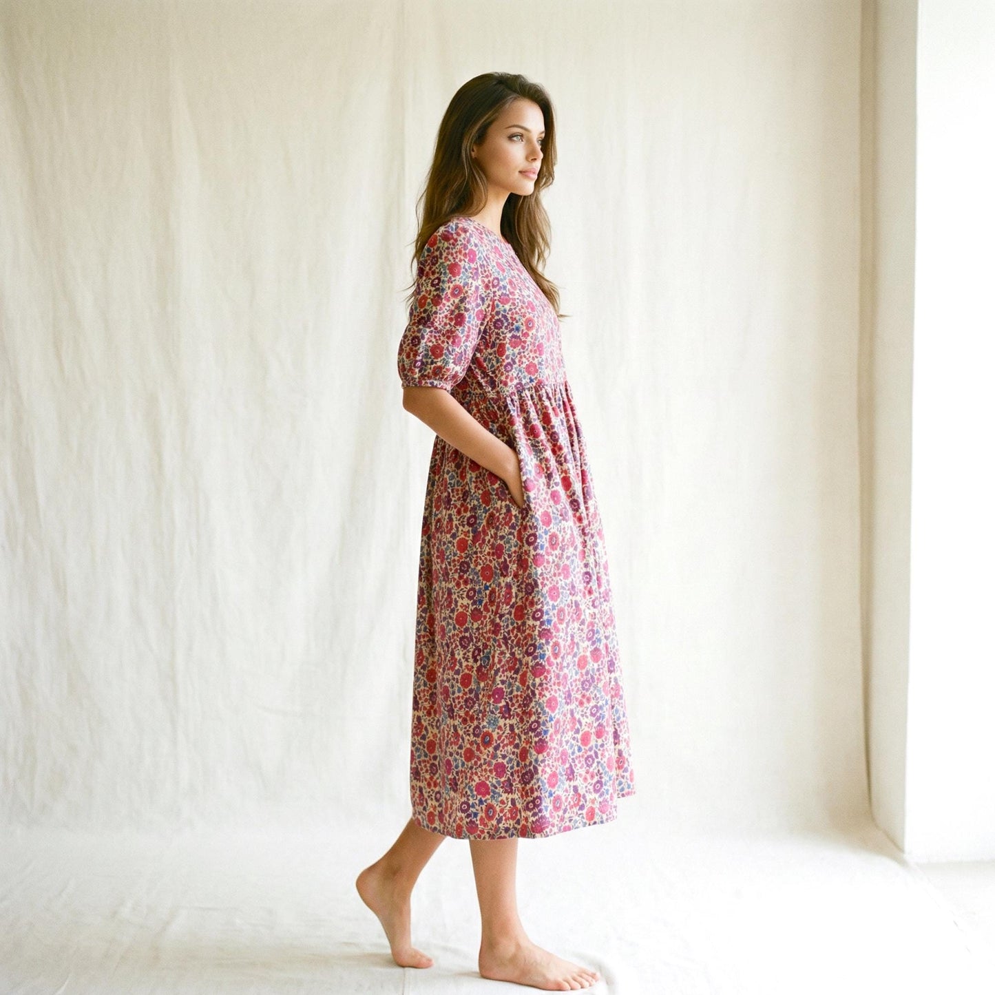 Liberty London Floral-Print Botanical Smock Short-sleeved Midi Dress, Handmade Sustainable Womenswear, Eco-friendly Clothing