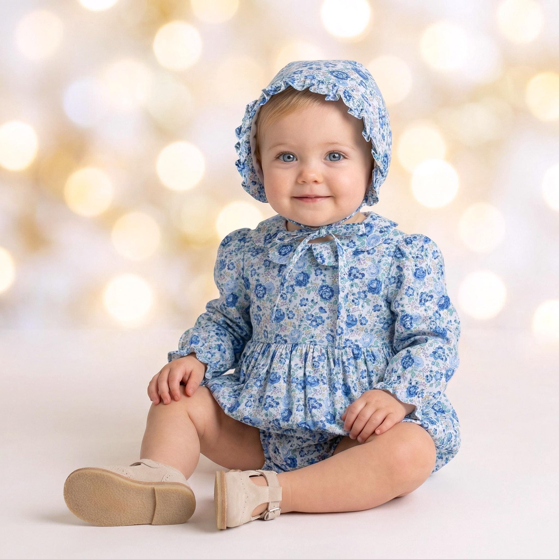 Liberty London Bubble Romper Bonnet, Christening Baptism Outfit, Special Occasion Handmade Children-wear, Heirloom Playsuit