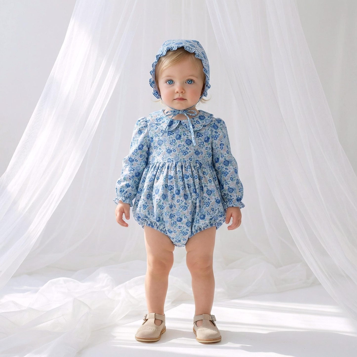 Liberty London Bubble Romper Bonnet, Christening Baptism Outfit, Special Occasion Handmade Children-wear, Heirloom Playsuit