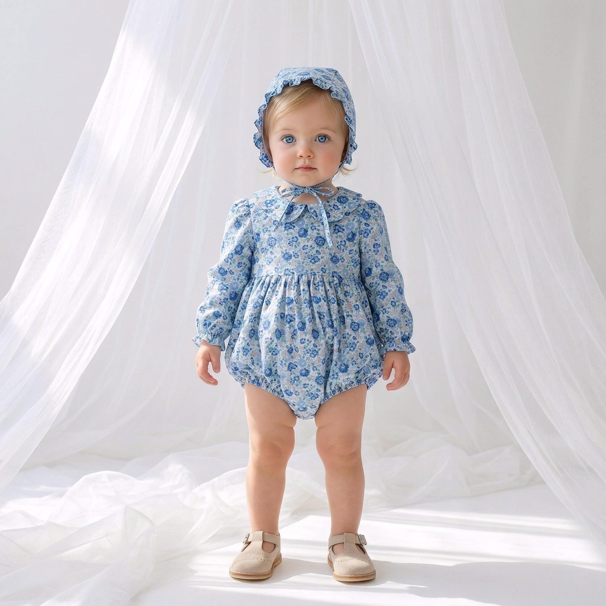 Liberty London Bubble Romper Bonnet, Christening Baptism Outfit, Special Occasion Handmade Children-wear, Heirloom Playsuit
