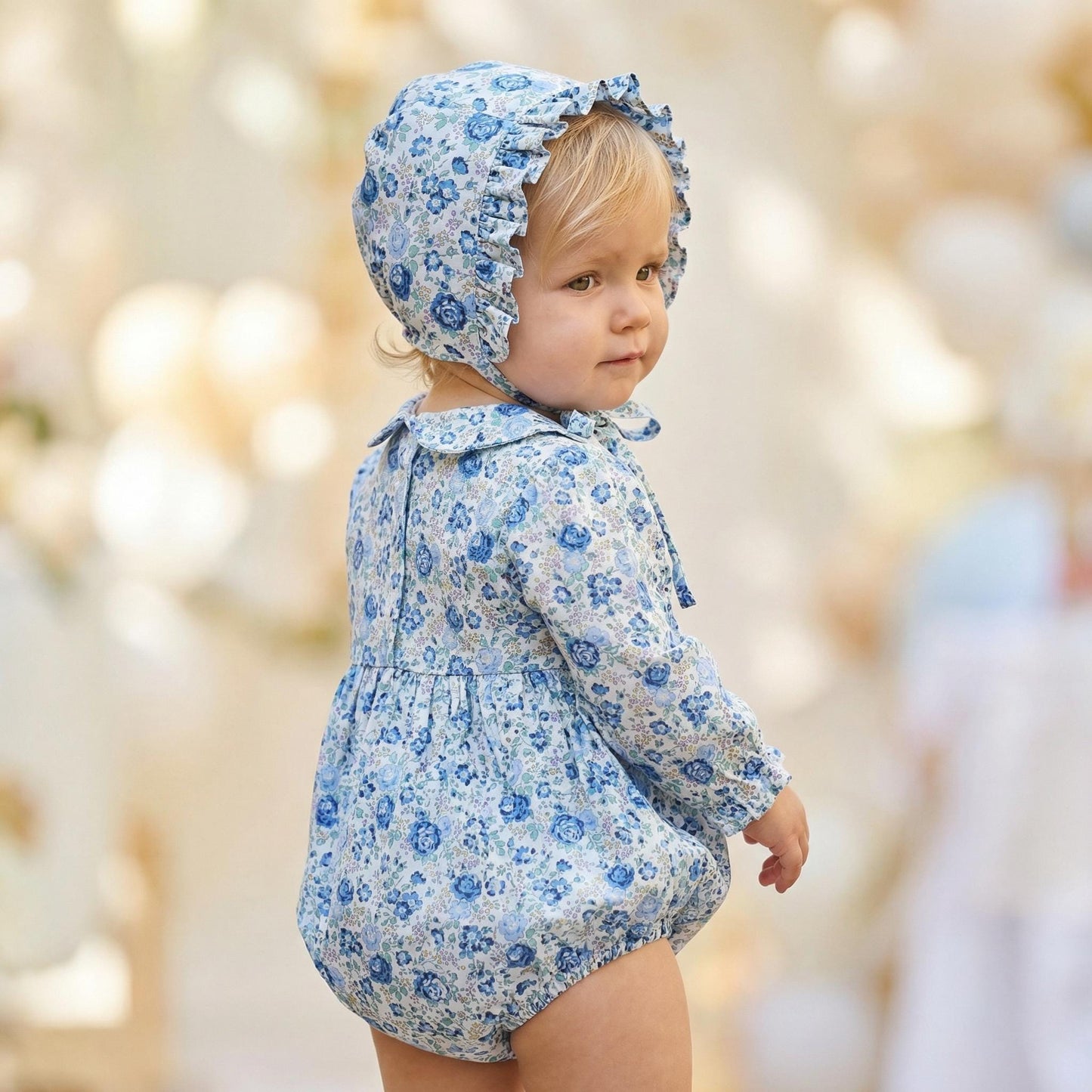 Liberty London Bubble Romper Bonnet, Christening Baptism Outfit, Special Occasion Handmade Children-wear, Heirloom Playsuit