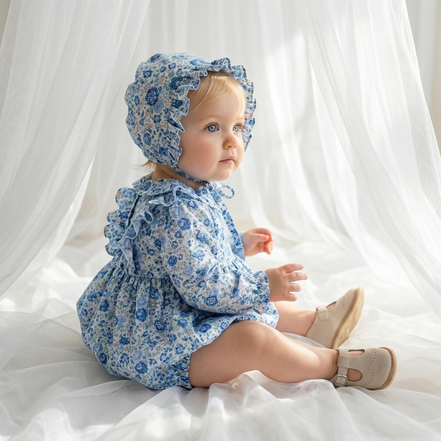 Liberty London Bubble Romper Bonnet, Christening Baptism Outfit, Special Occasion Handmade Children-wear, Heirloom Playsuit