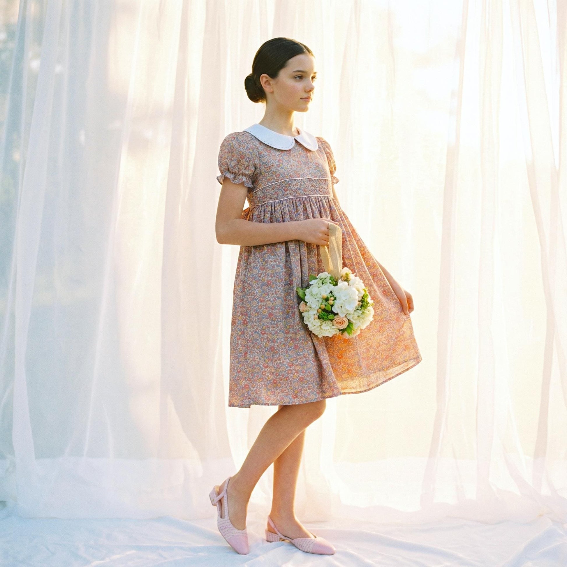 Liberty London Peter-Pan Collared Heirloom Dress, Wedding Flower Girl Gown, Slow-fashioned Sustainable Handmade Clothing