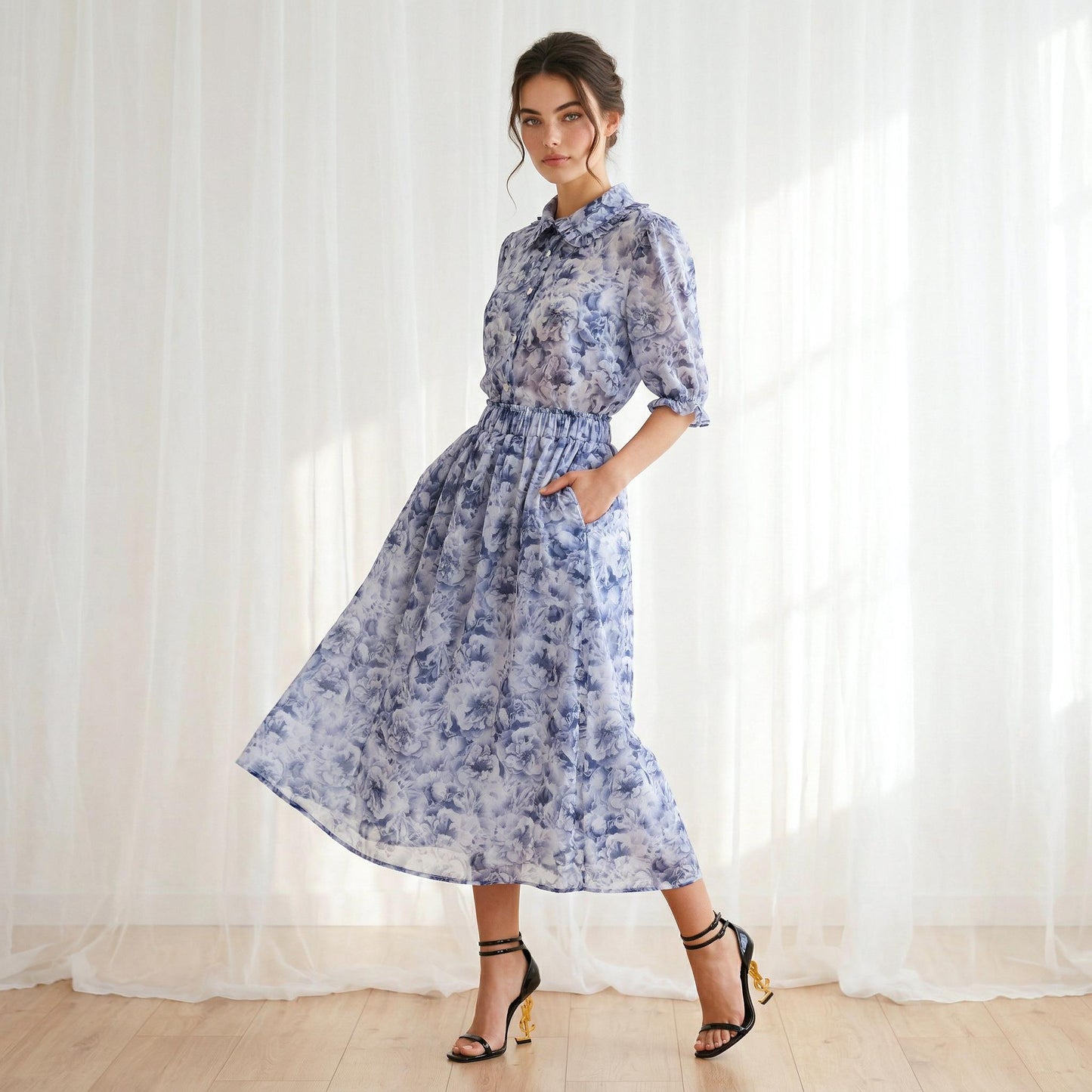 Liberty London Midi Skirt, Peony Print Cotton Lawn, Elastic Waist