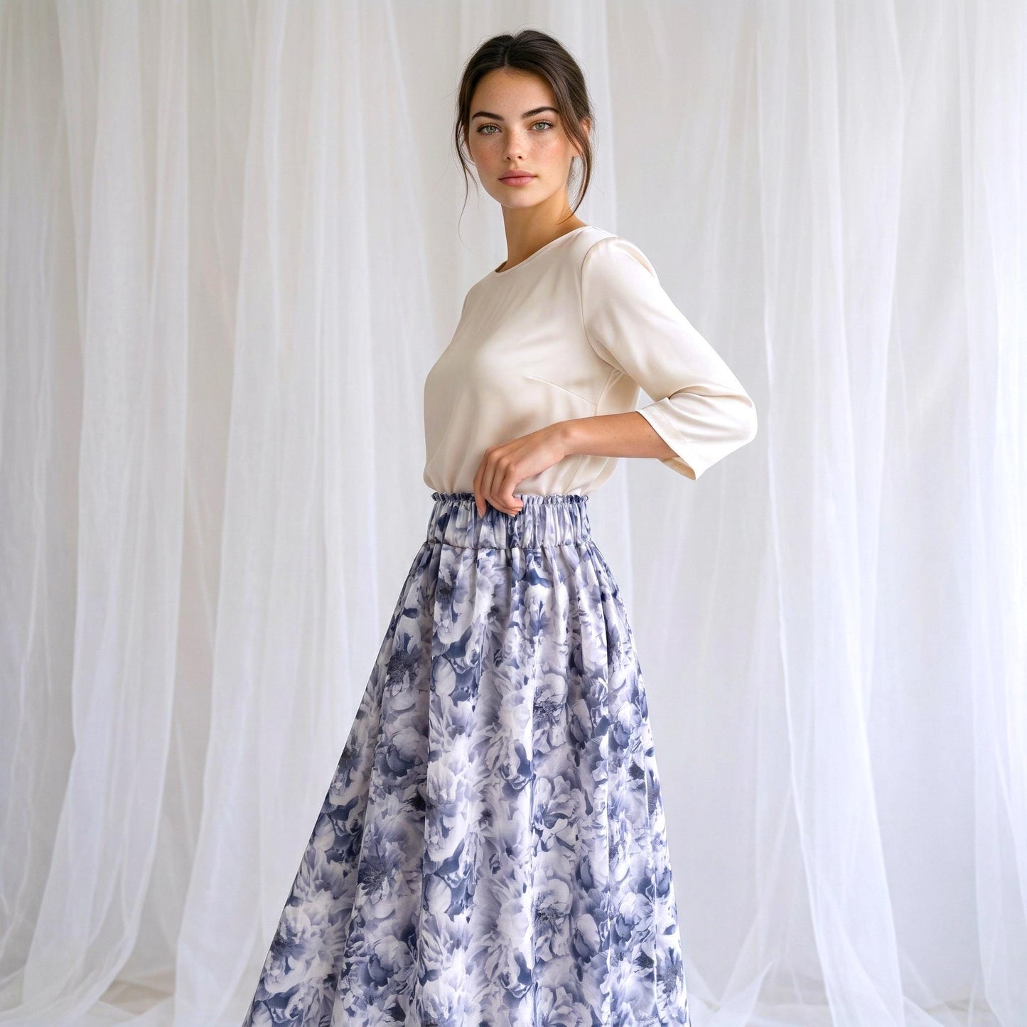 Liberty London Midi Skirt, Peony Print Cotton Lawn, Elastic Waist