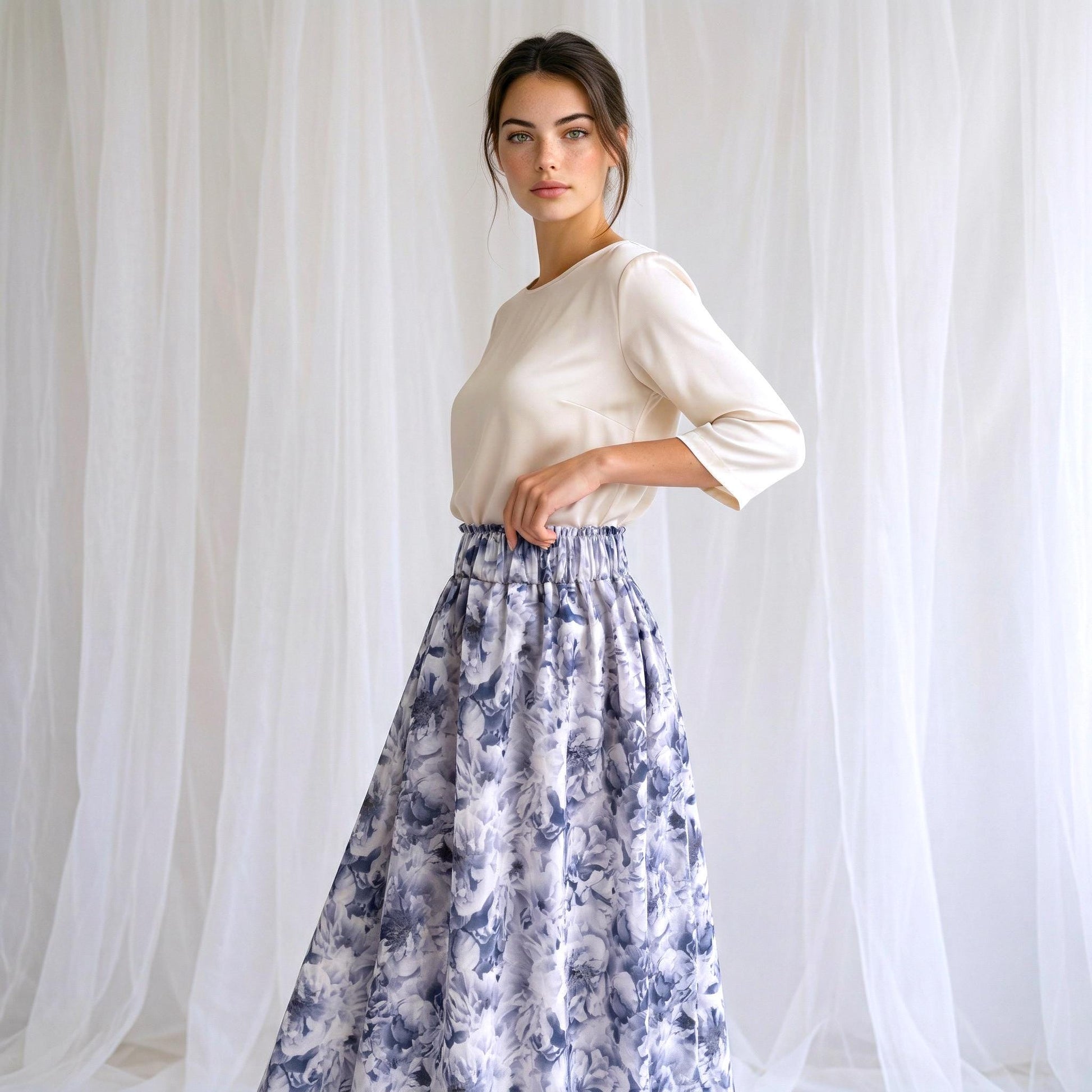 Liberty London Midi Skirt, Peony Print Cotton Lawn, Elastic Waist