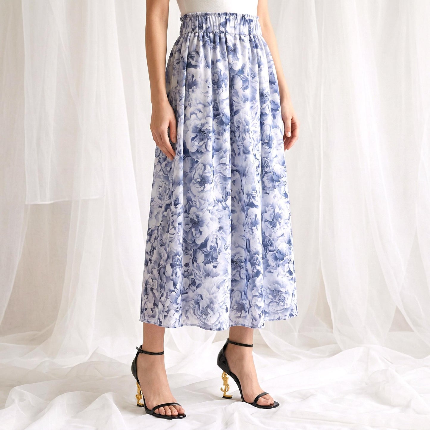 Liberty London Midi Skirt, Peony Print Cotton Lawn, Elastic Waist