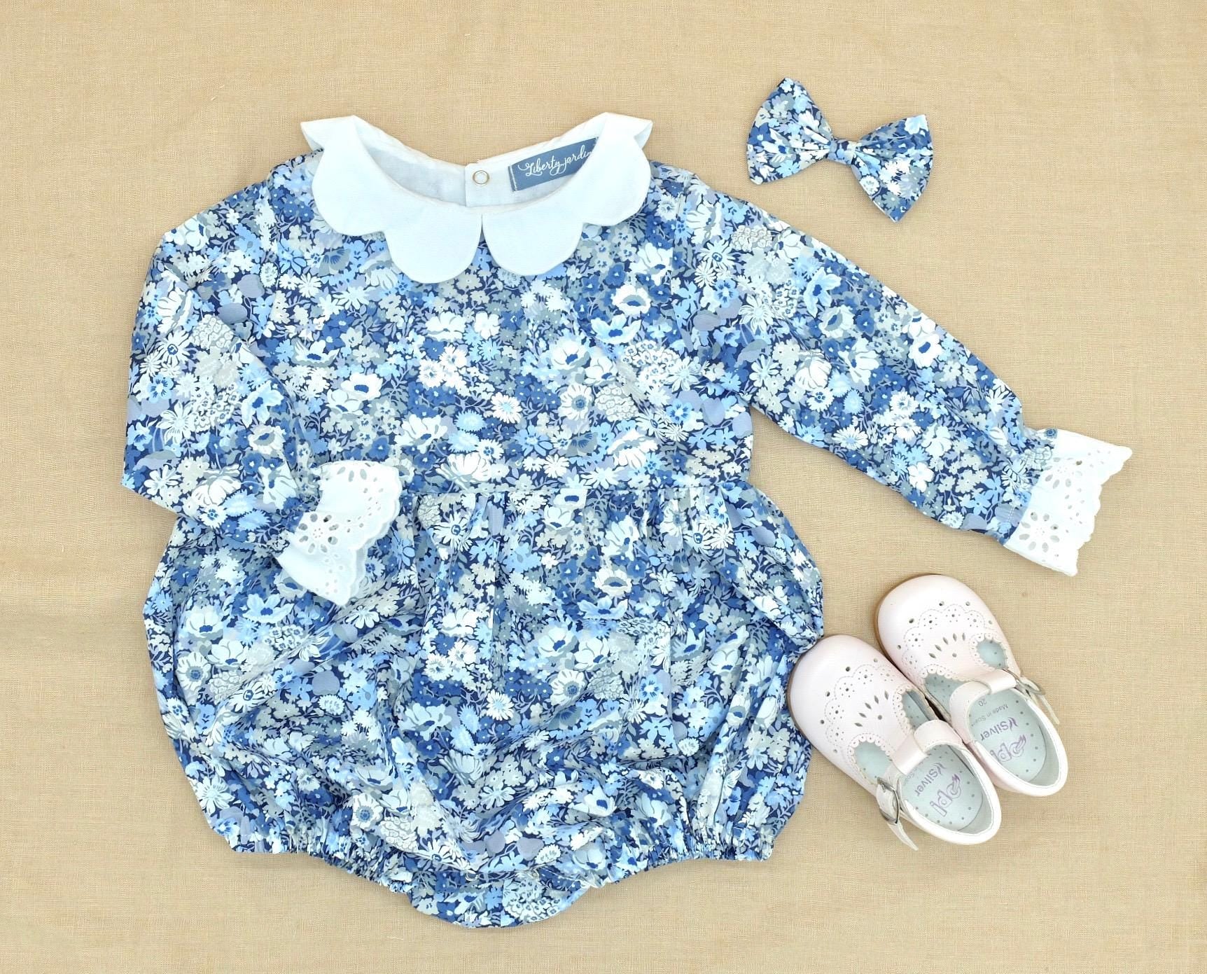 Long Sleeve Liberty London Baby Bubble Romper: Ruffle Collar, Ditsy Floral Print Onesie