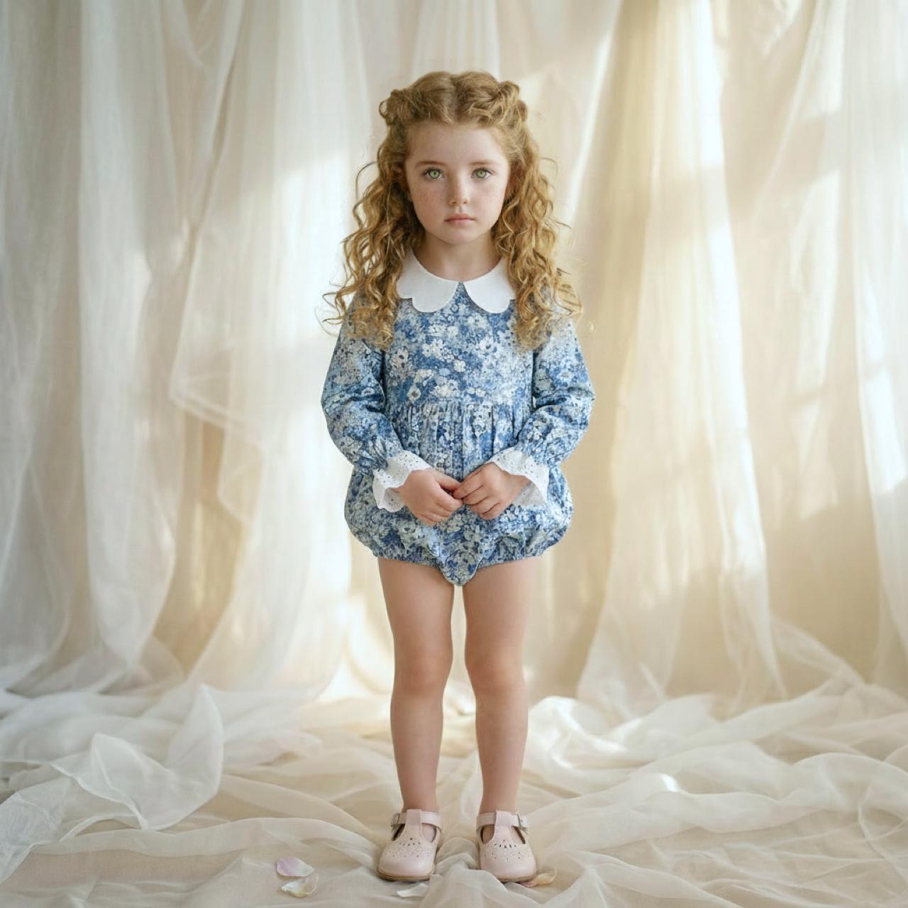 Long Sleeve Liberty London Baby Bubble Romper: Ruffle Collar, Ditsy Floral Print Onesie