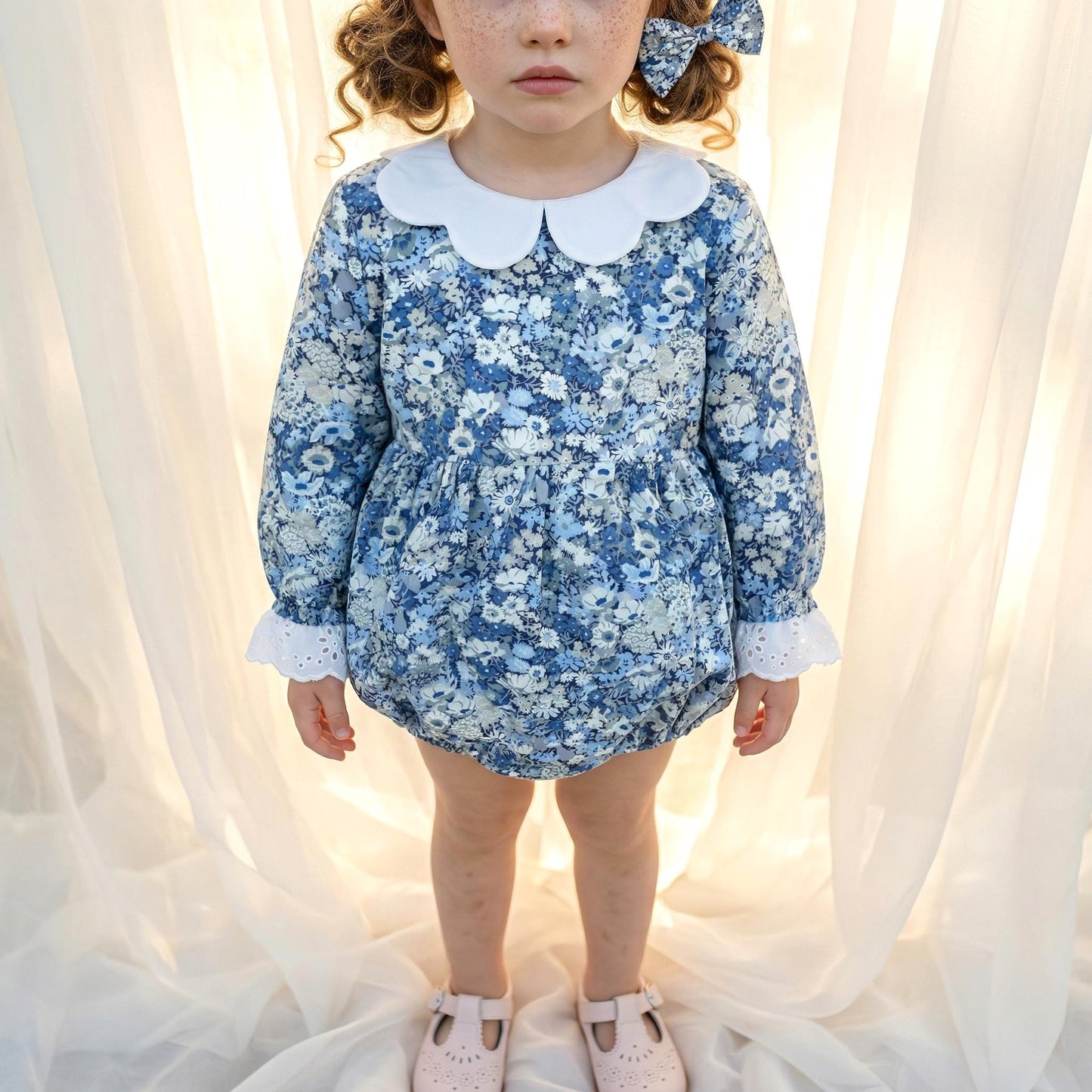 Long Sleeve Liberty London Baby Bubble Romper: Ruffle Collar, Ditsy Floral Print Onesie