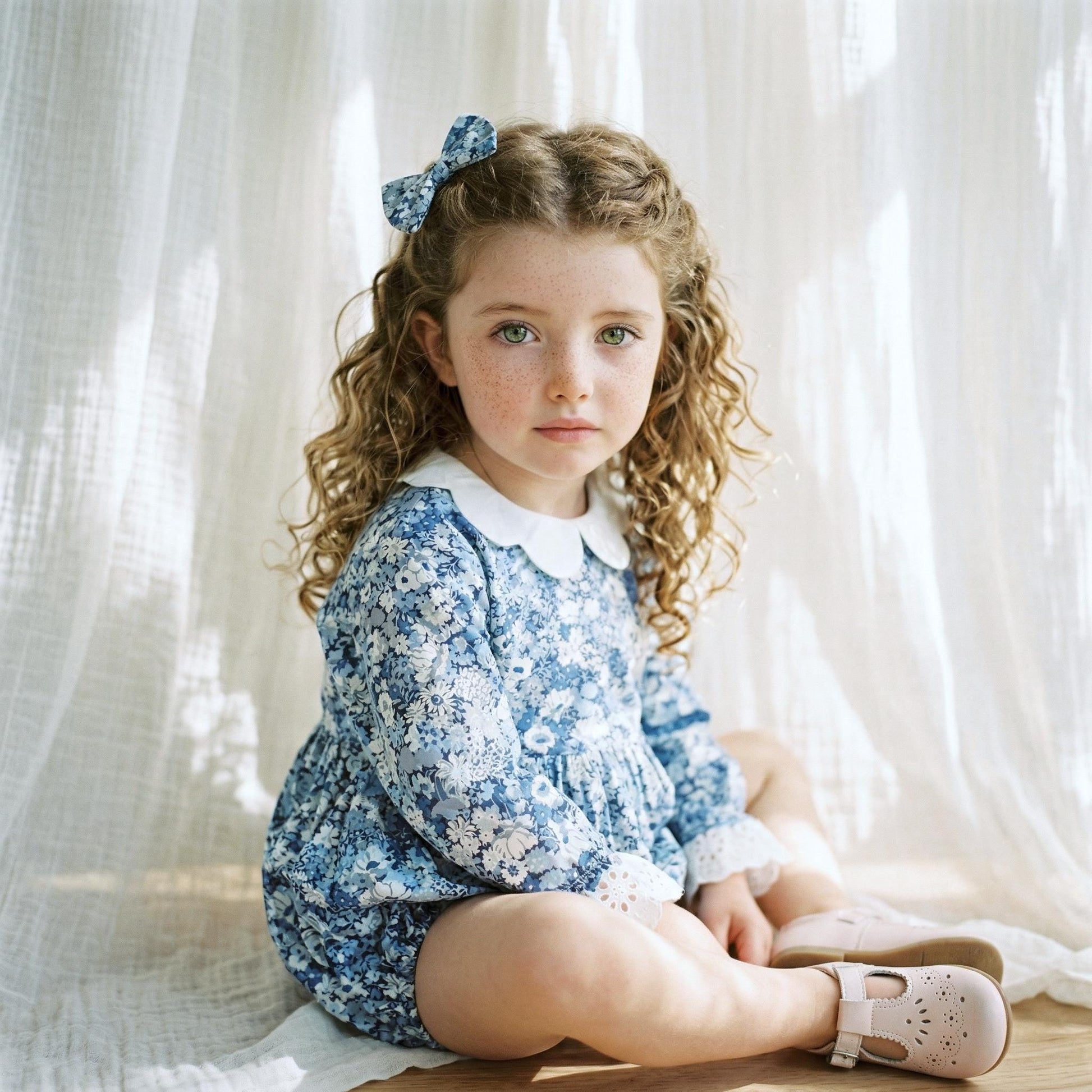 Long Sleeve Liberty London Baby Bubble Romper: Ruffle Collar, Ditsy Floral Print Onesie