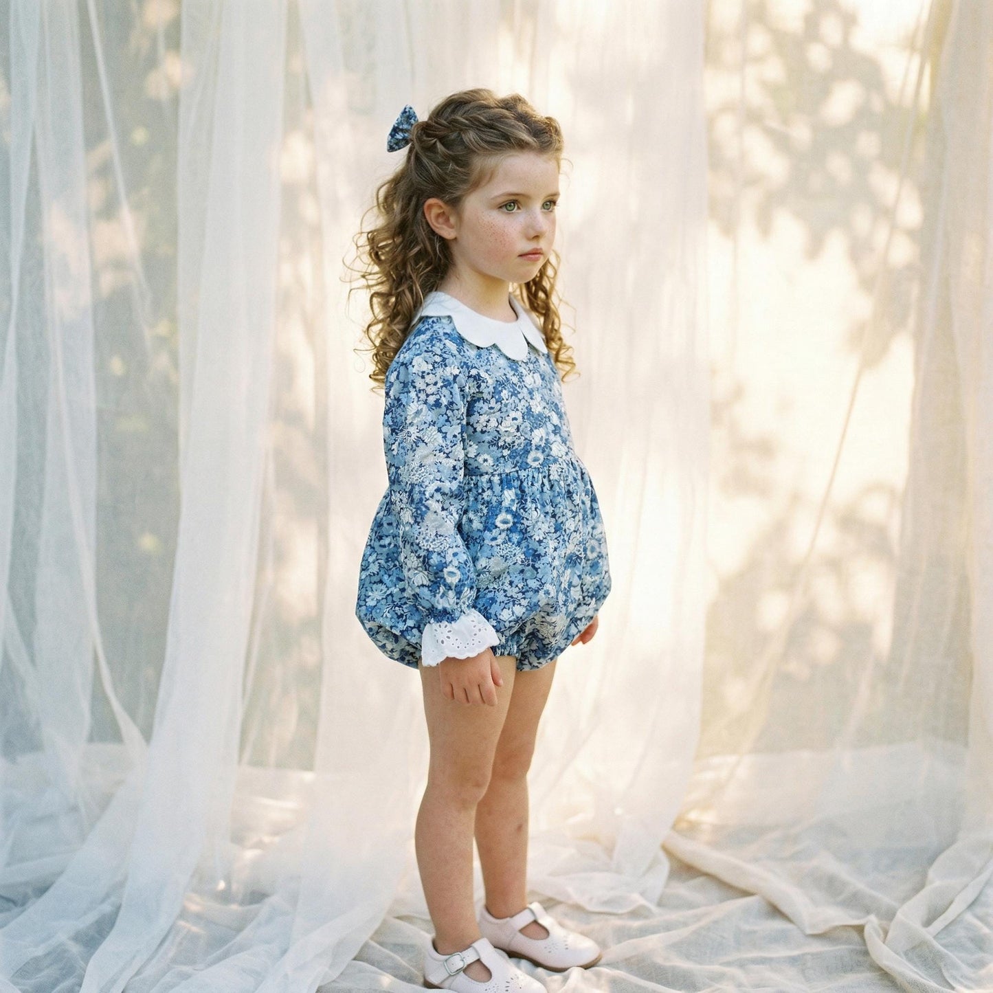 Long Sleeve Liberty London Baby Bubble Romper: Ruffle Collar, Ditsy Floral Print Onesie