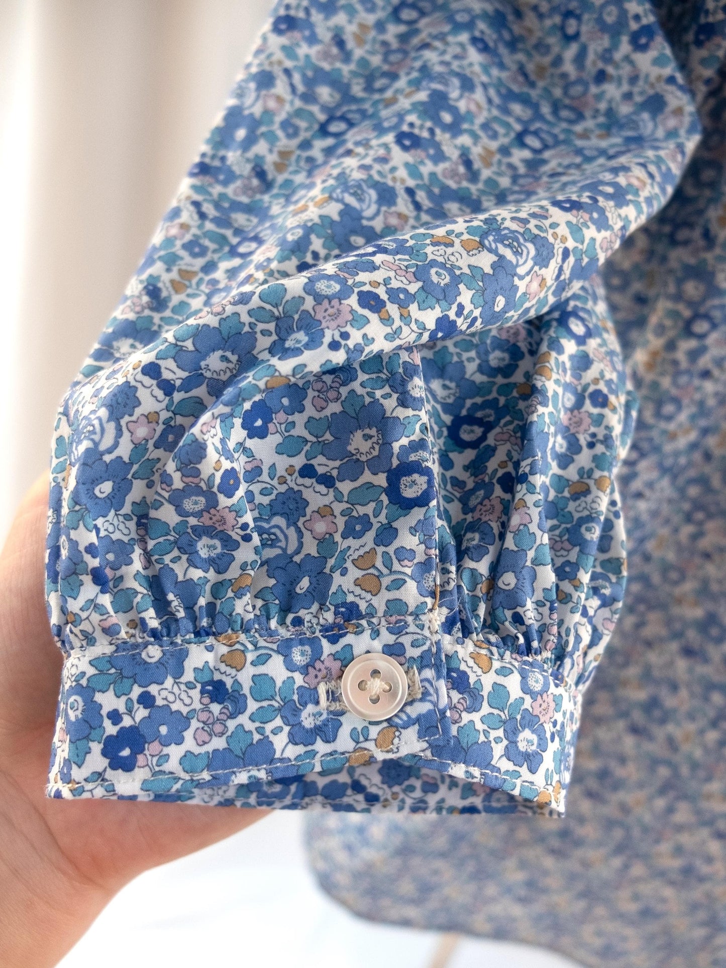 Liberty London Mandarin Collared Button-Up Blouse, Peasant Gathered Botanical Chemise, Handcrafted Womenswear, Sustainable Clothing