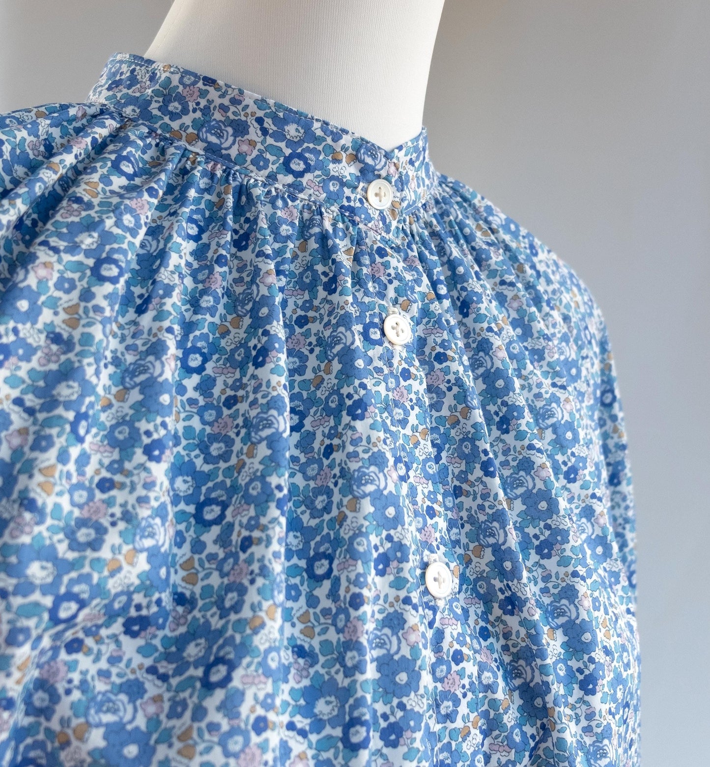 Liberty London Mandarin Collared Button-Up Blouse, Peasant Gathered Botanical Chemise, Handcrafted Womenswear, Sustainable Clothing