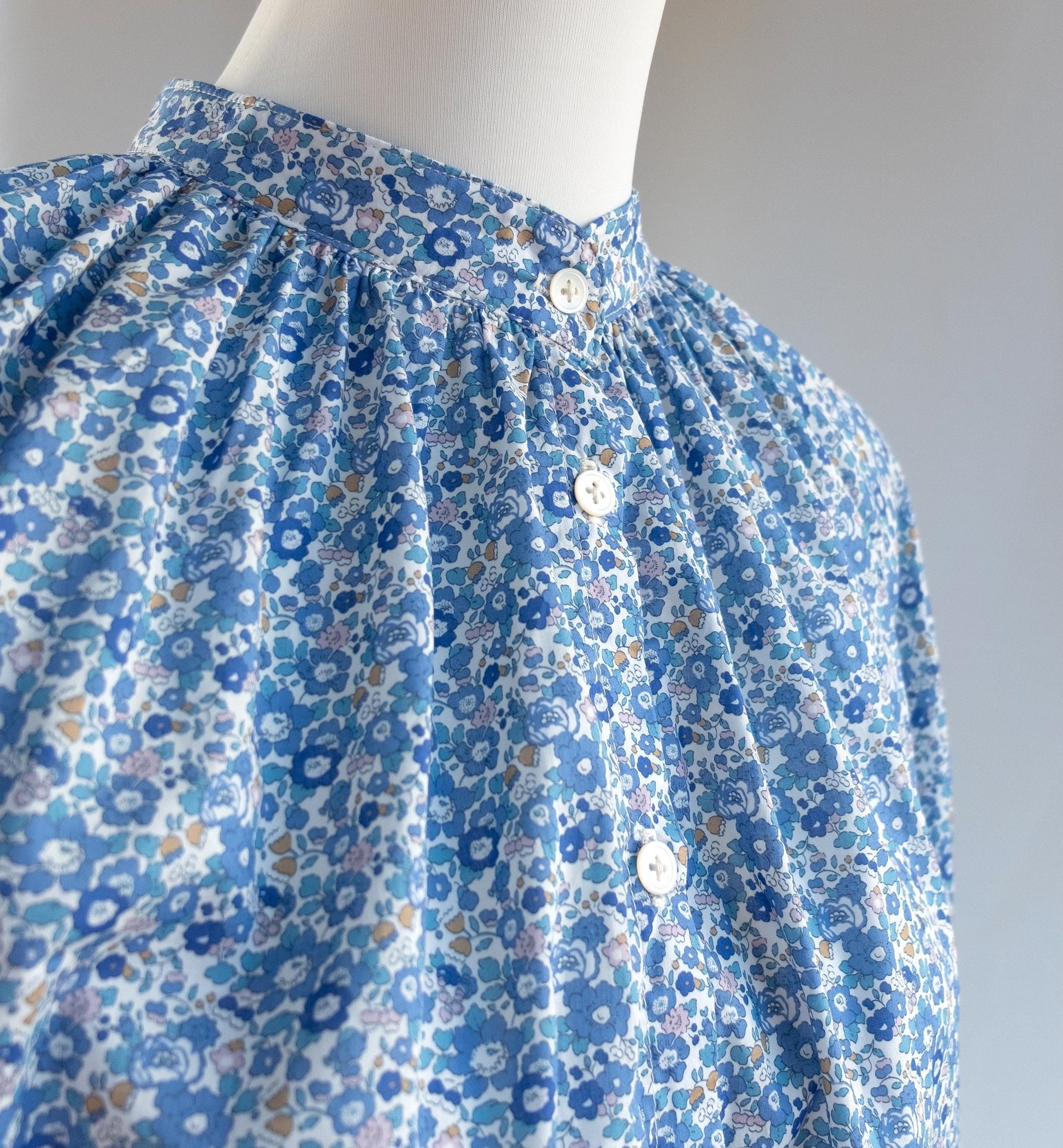 Liberty London Mandarin Collared Button-Up Blouse, Peasant Gathered Botanical Chemise, Handcrafted Womenswear, Sustainable Clothing