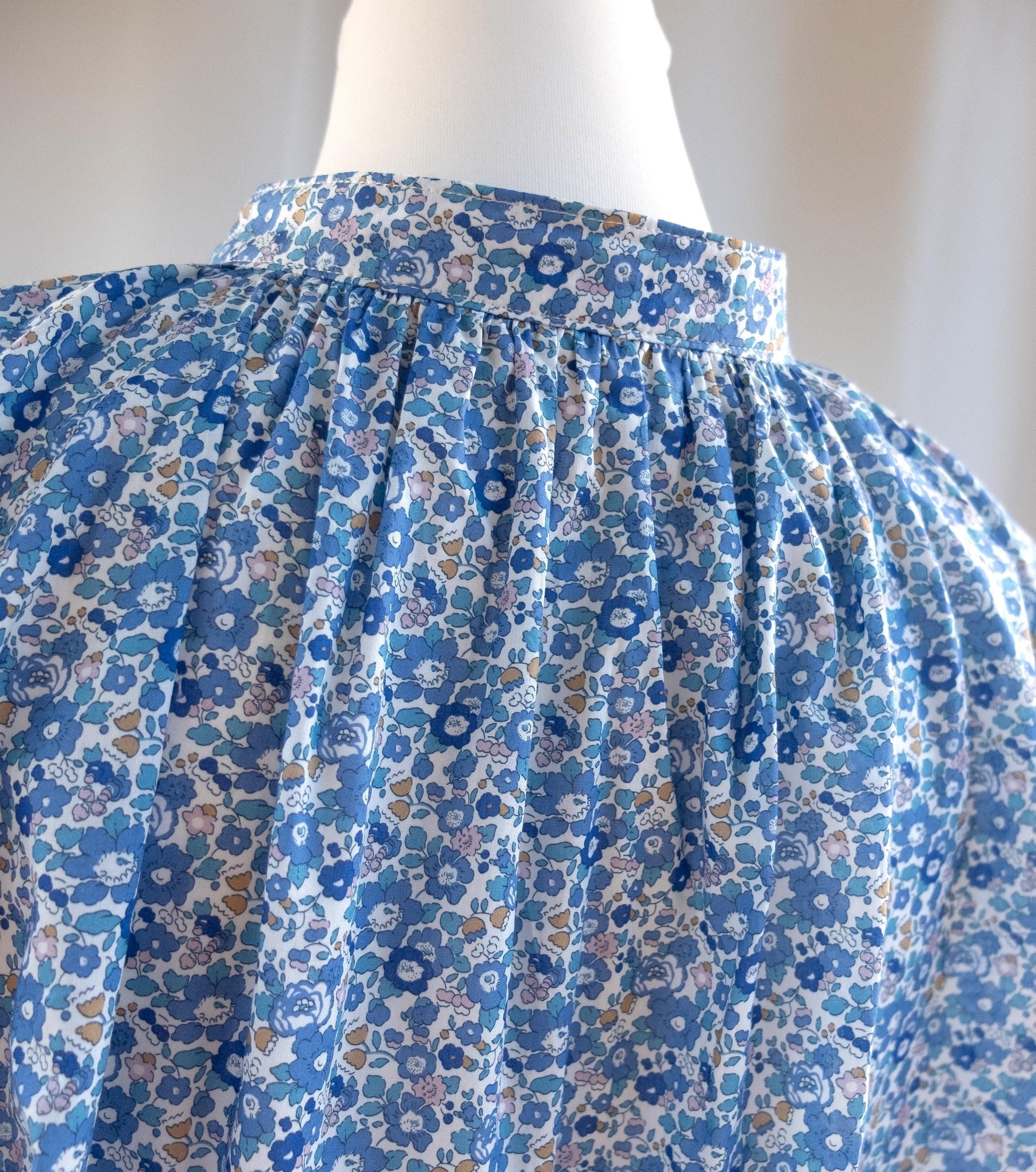 Liberty London Mandarin Collared Button-Up Blouse, Peasant Gathered Botanical Chemise, Handcrafted Womenswear, Sustainable Clothing