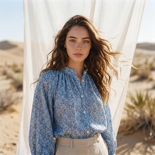 Liberty London Mandarin Collared Button-Up Blouse, Peasant Gathered Botanical Chemise, Handcrafted Womenswear, Sustainable Clothing