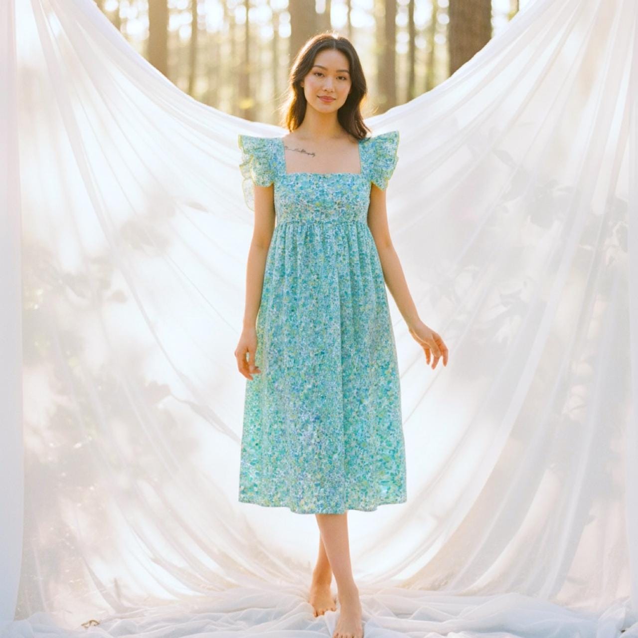 Boho V Neck Liberty Print Dress Long Sleeve: Ditsy Botanical Floral, Tiered Midi Dress