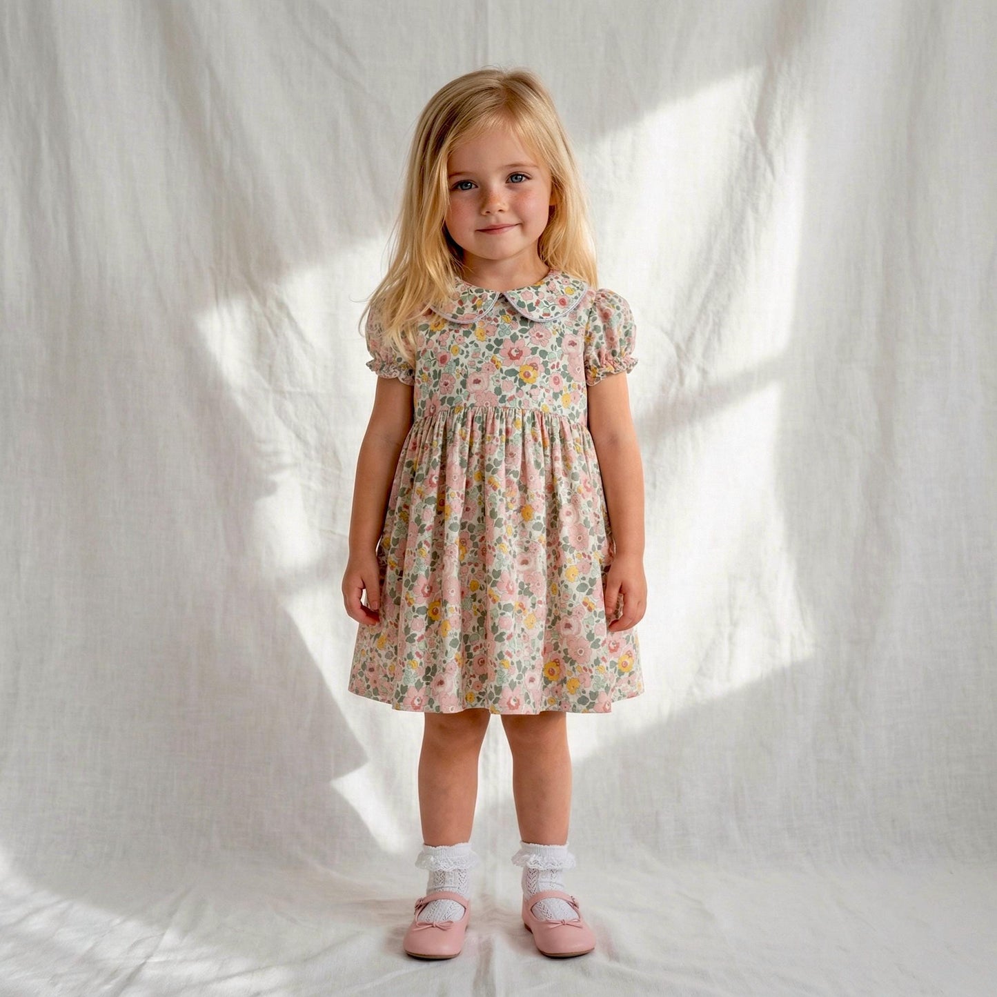 Pierrot Collar Liberty Print Long Sleeve Girl Dress: Ruffle Collar, Pretty Ditsy Flower
