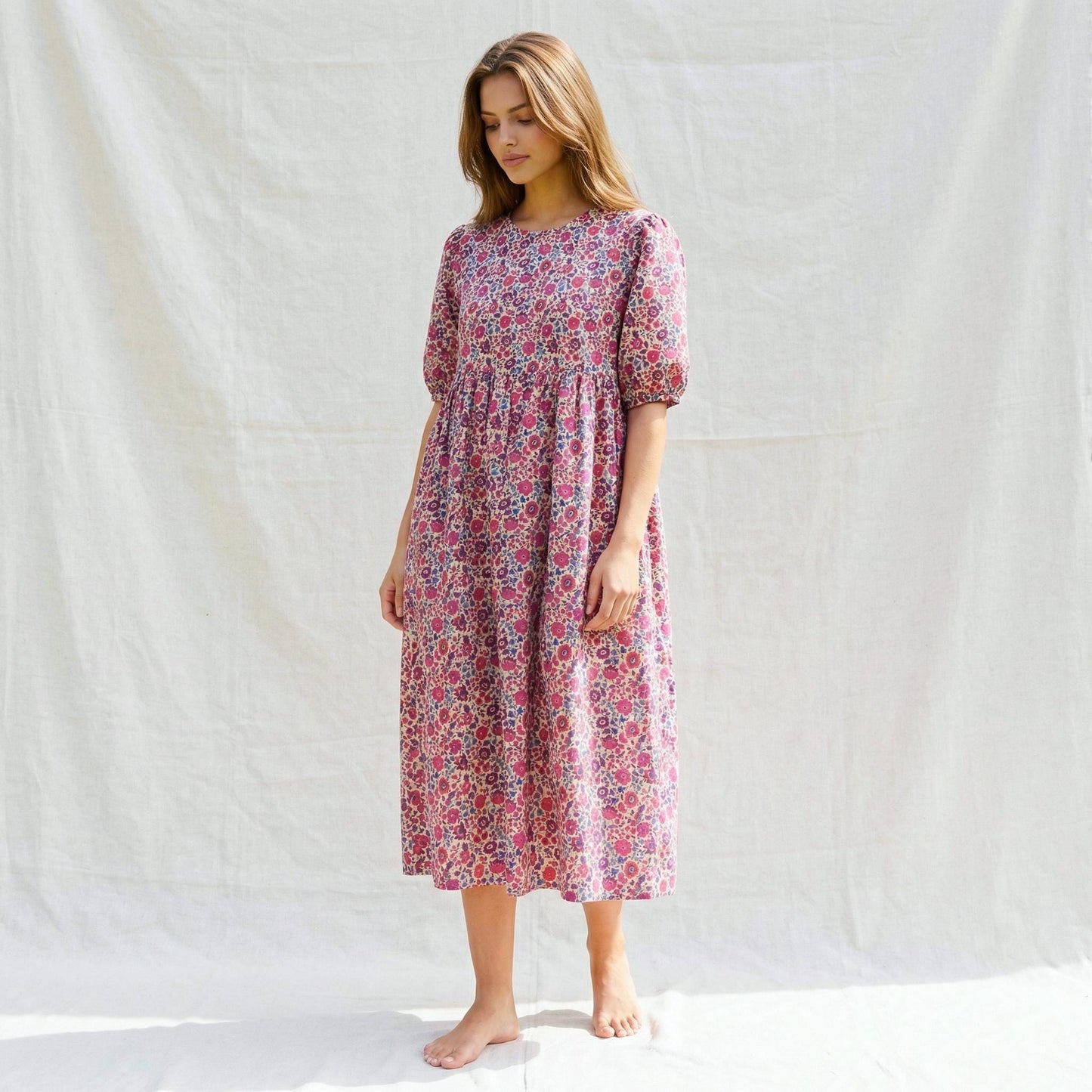 Liberty London Floral-Print Botanical Smock Short-sleeved Midi Dress, Handmade Sustainable Womenswear, Eco-friendly Clothing