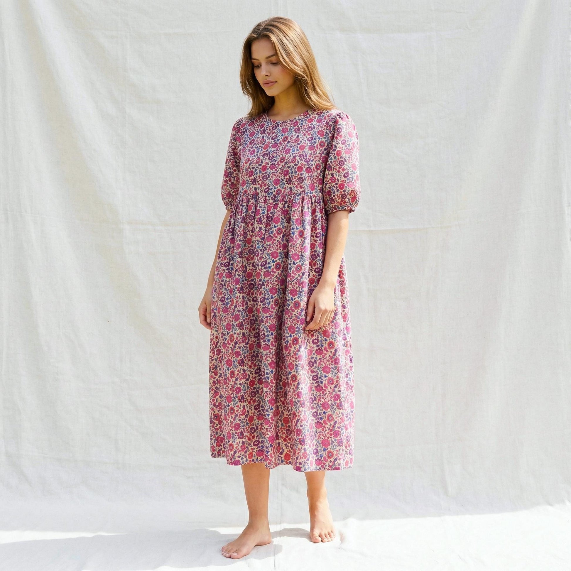 Liberty London Floral-Print Botanical Smock Short-sleeved Midi Dress, Handmade Sustainable Womenswear, Eco-friendly Clothing