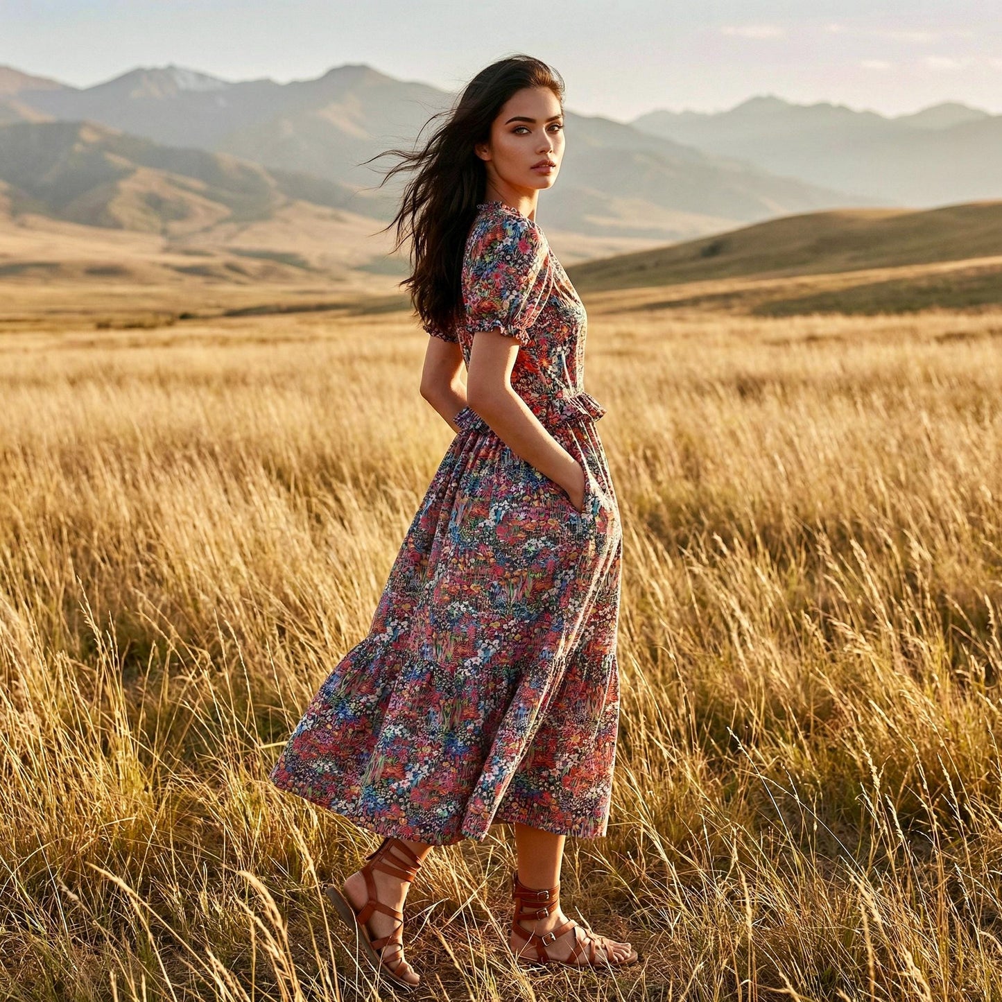 Liberty London V-Neck Short-sleeved Midi-Length Sun Dress, Sustainable Handmade Womenswear, Botanical Floral Slow-Fashion Clothing