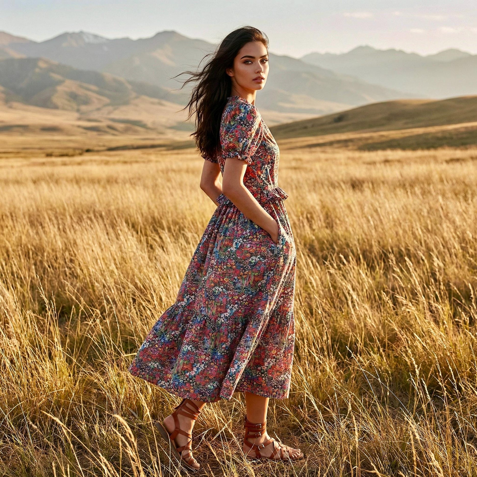 Liberty London V-Neck Short-sleeved Midi-Length Sun Dress, Sustainable Handmade Womenswear, Botanical Floral Slow-Fashion Clothing