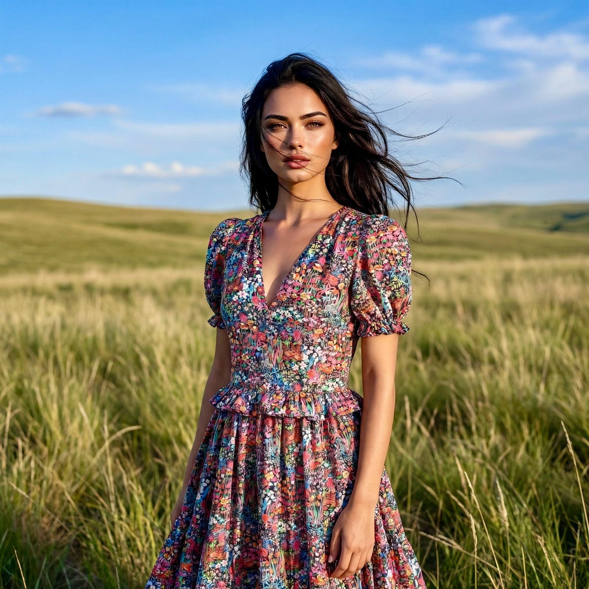 Liberty London V-Neck Short-sleeved Midi-Length Sun Dress, Sustainable Handmade Womenswear, Botanical Floral Slow-Fashion Clothing