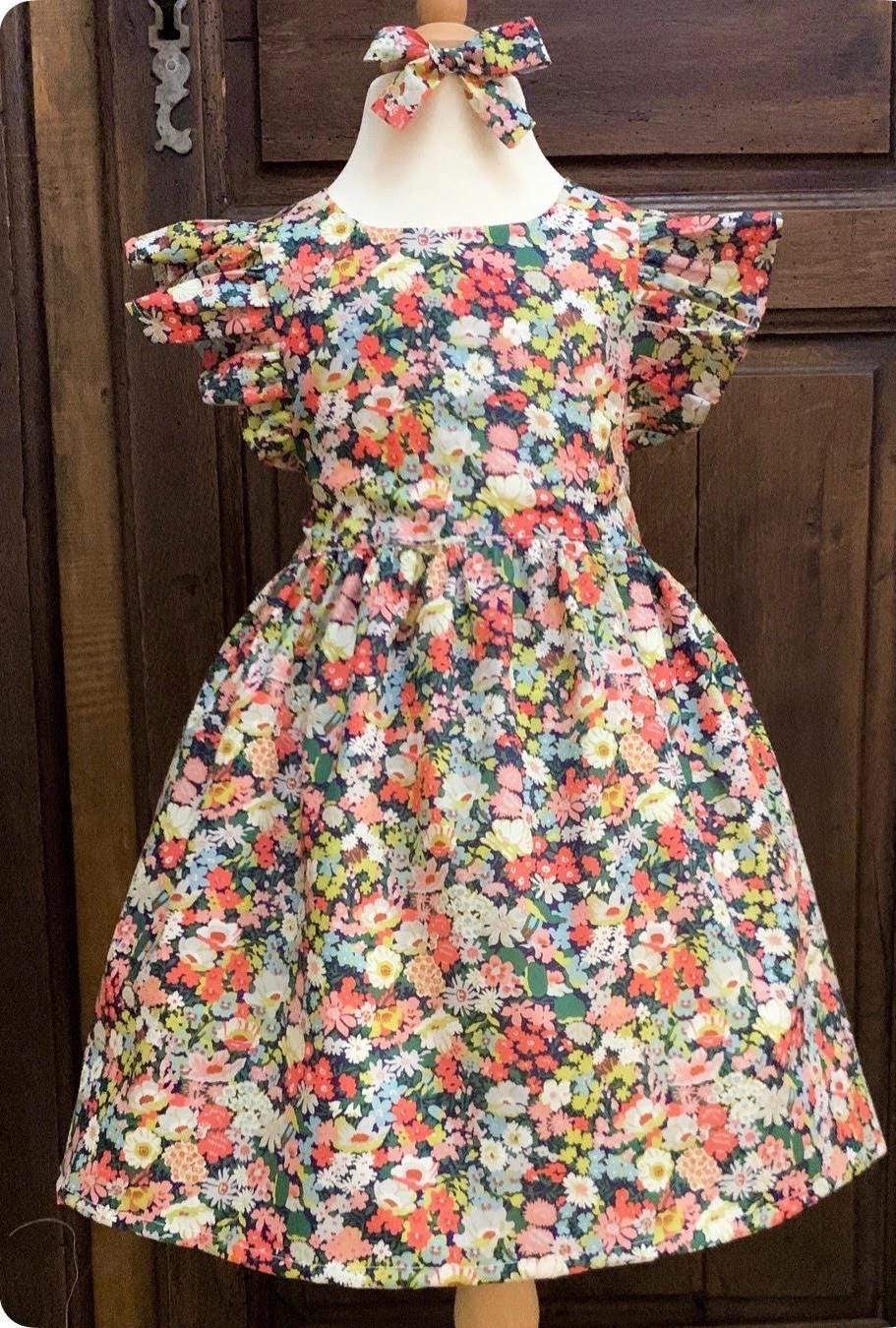 Pinafore Liberty London Sun Dress, Handmade Children-wear, Multicolour Botanical Floral-Print Dress, Sustainable Eco-friendly Clothing