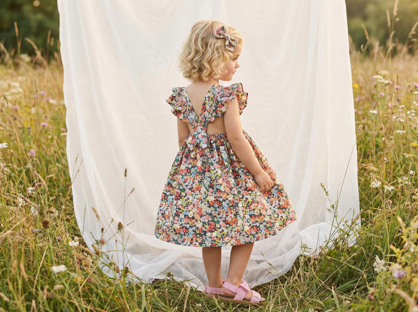 Pinafore Liberty London Sun Dress, Handmade Children-wear, Multicolour Botanical Floral-Print Dress, Sustainable Eco-friendly Clothing