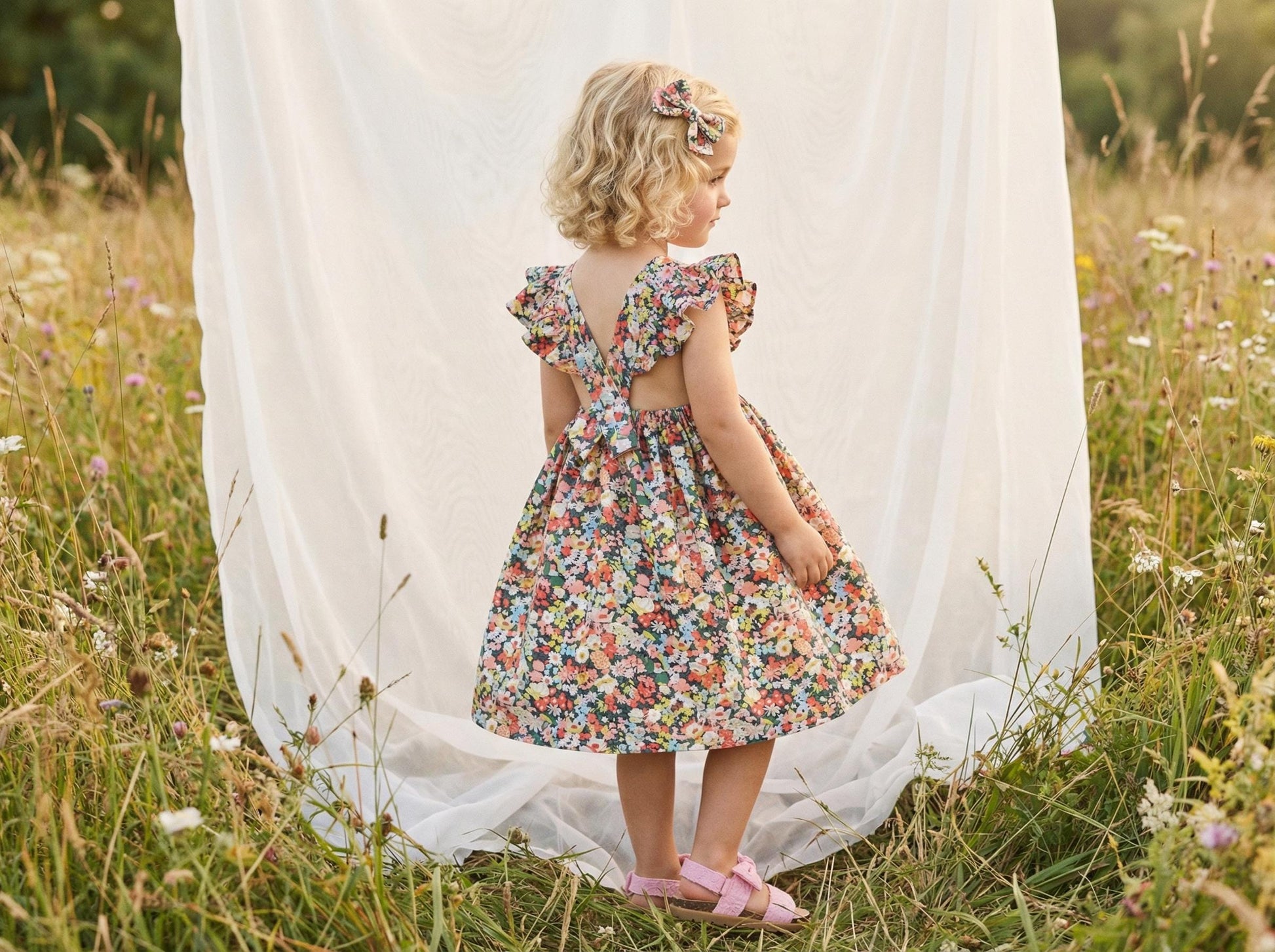 Pinafore Liberty London Sun Dress, Handmade Children-wear, Multicolour Botanical Floral-Print Dress, Sustainable Eco-friendly Clothing