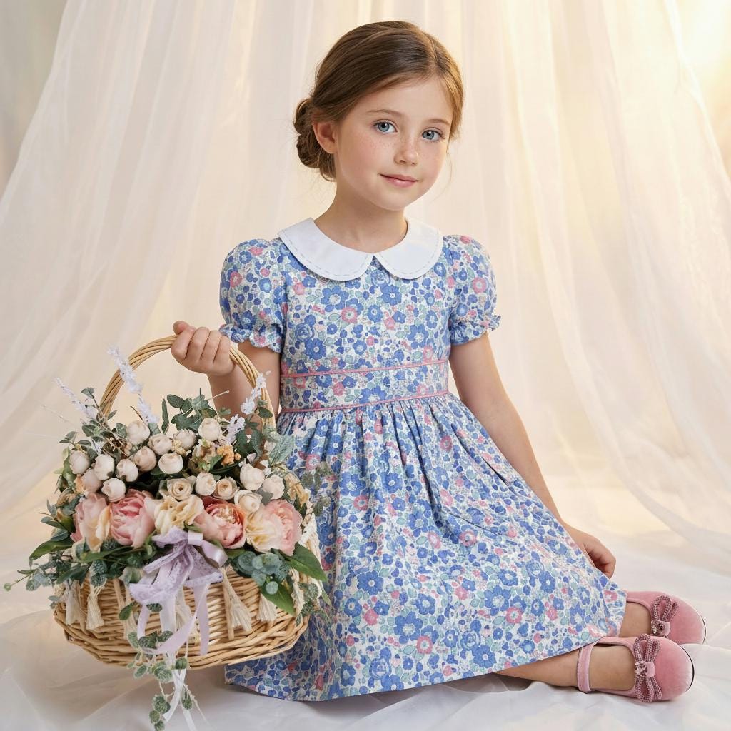 Long Sleeve Liberty London Girl's Dress: Ruffle Victorian Collar, Ditsy Floral Cotton
