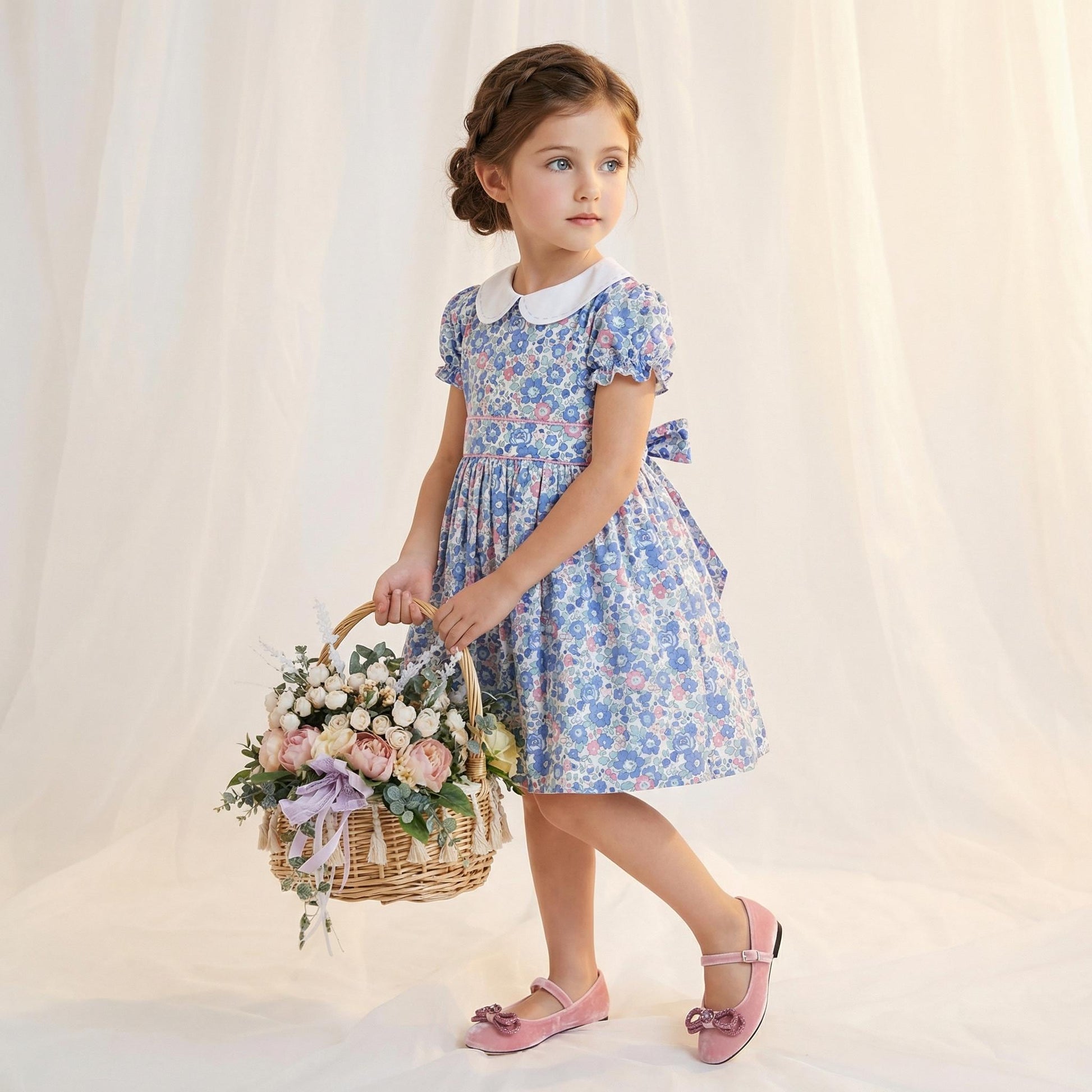 Long Sleeve Liberty London Girl's Dress: Ruffle Victorian Collar, Ditsy Floral Cotton