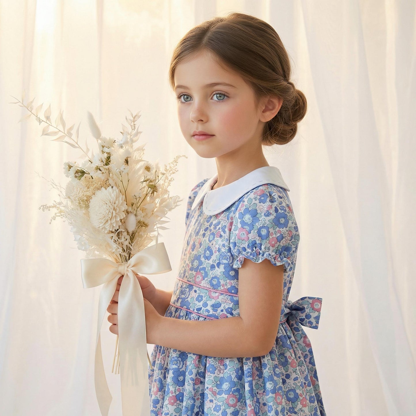 Long Sleeve Liberty London Girl's Dress: Ruffle Victorian Collar, Ditsy Floral Cotton