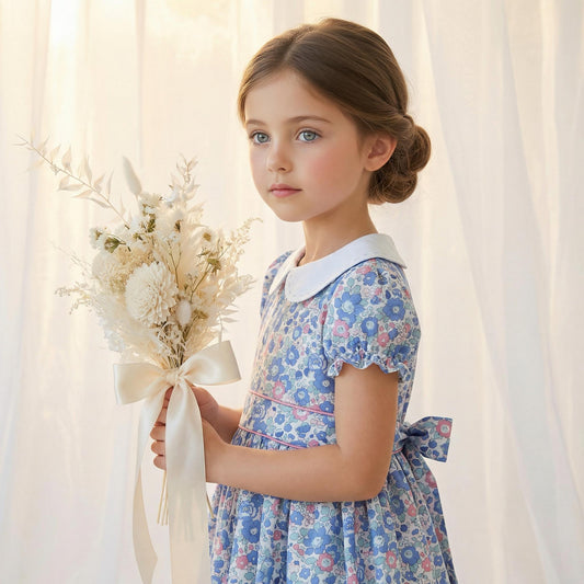 Long Sleeve Liberty London Girl's Dress: Ruffle Victorian Collar, Ditsy Floral Cotton