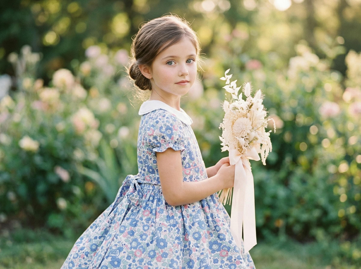 Long Sleeve Liberty London Girl's Dress: Ruffle Victorian Collar, Ditsy Floral Cotton