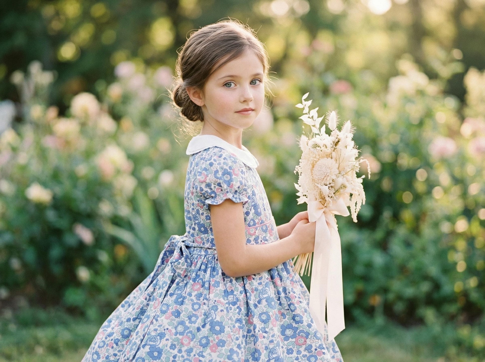 Long Sleeve Liberty London Girl's Dress: Ruffle Victorian Collar, Ditsy Floral Cotton